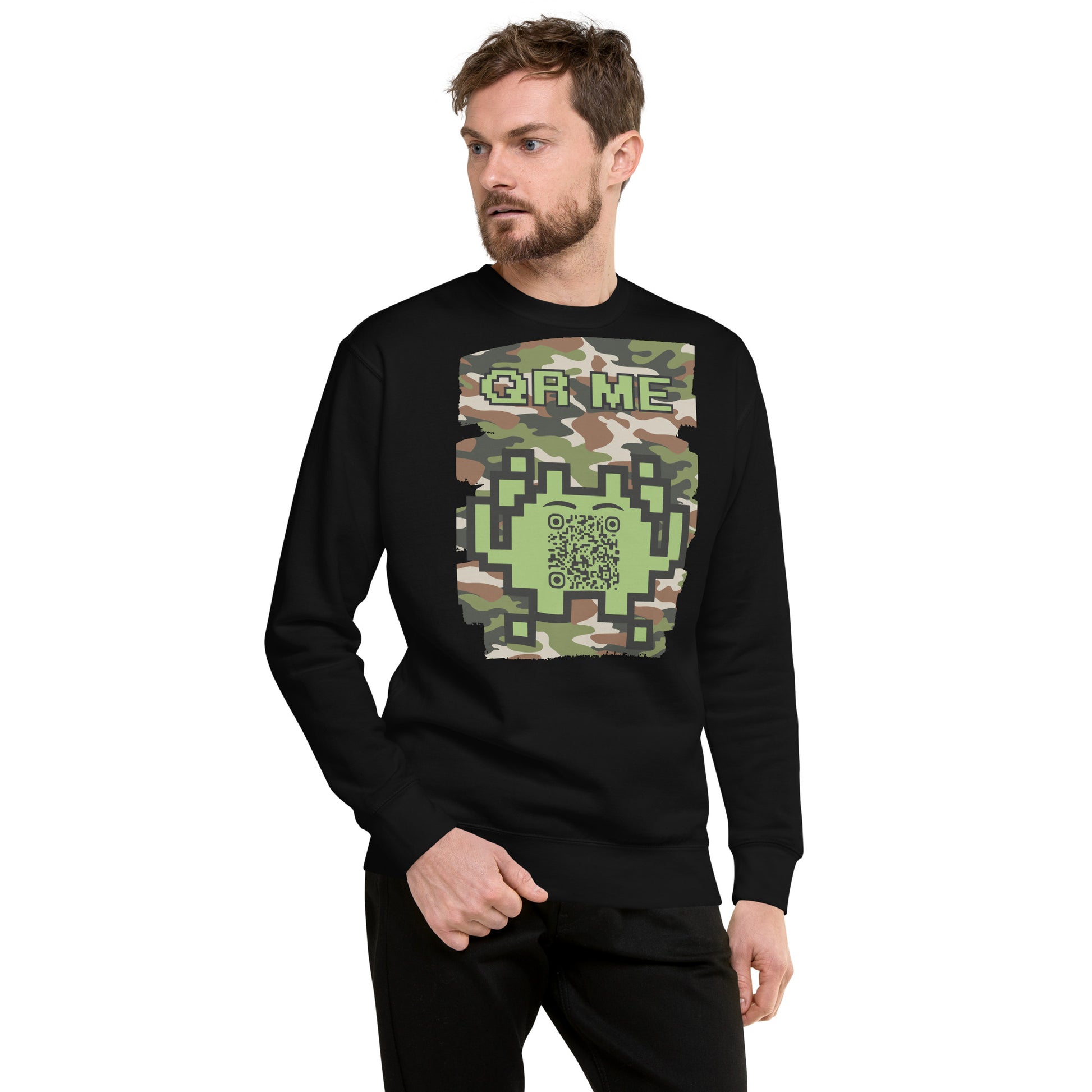 Green Camo Alien QR Code Sweatshirt β Stealth Style for Gamers