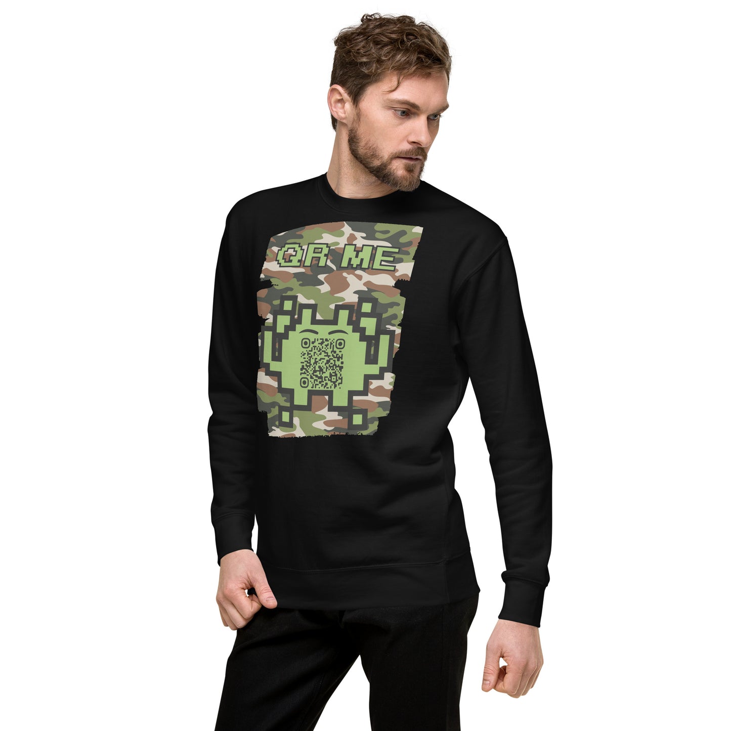 Green Camo Alien QR Code Sweatshirt β Stealth Style for Gamers