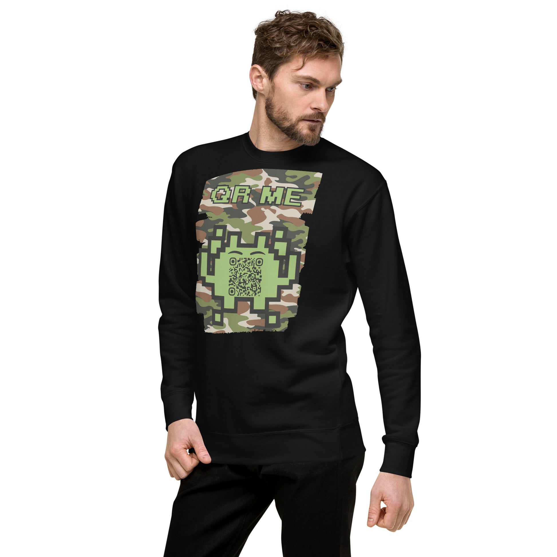 Green Camo Alien QR Code Sweatshirt β Stealth Style for Gamers