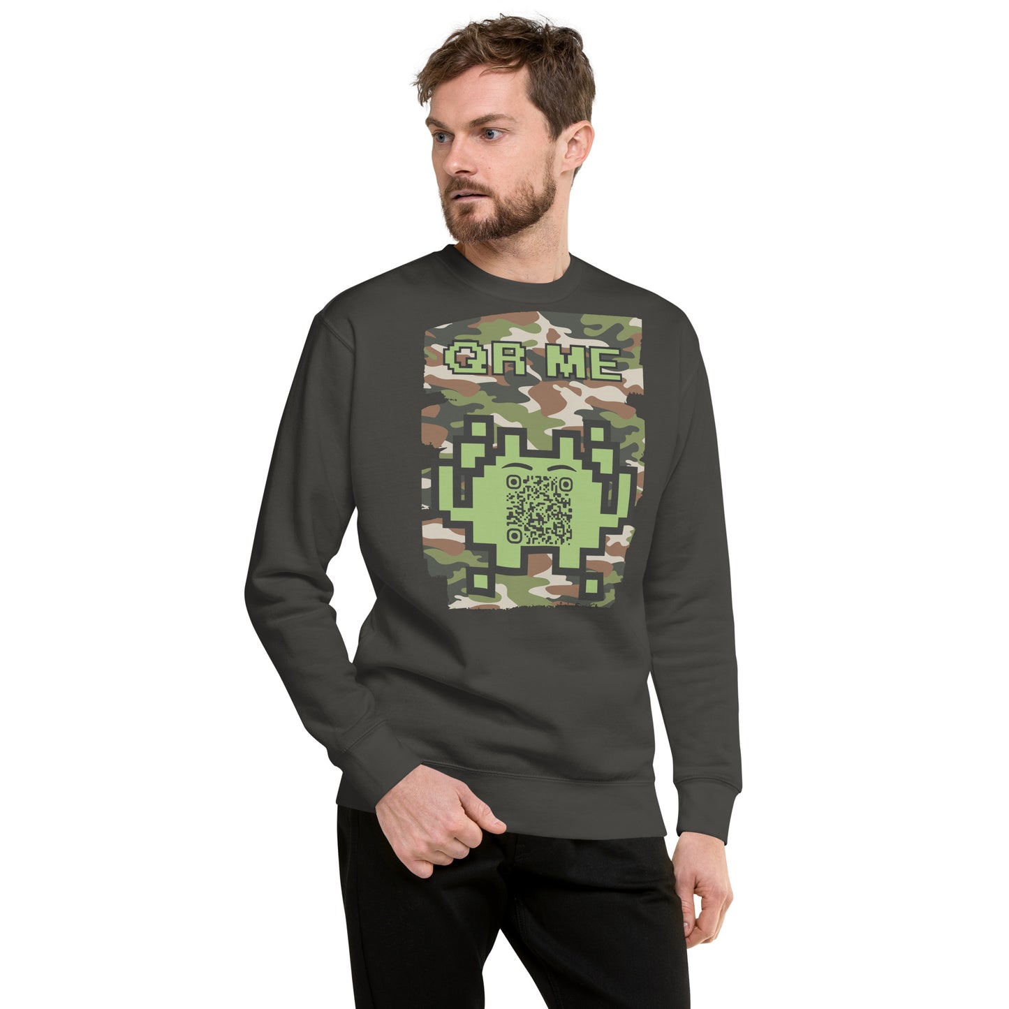 Green Camo Alien QR Code Sweatshirt β Stealth Style for Gamers