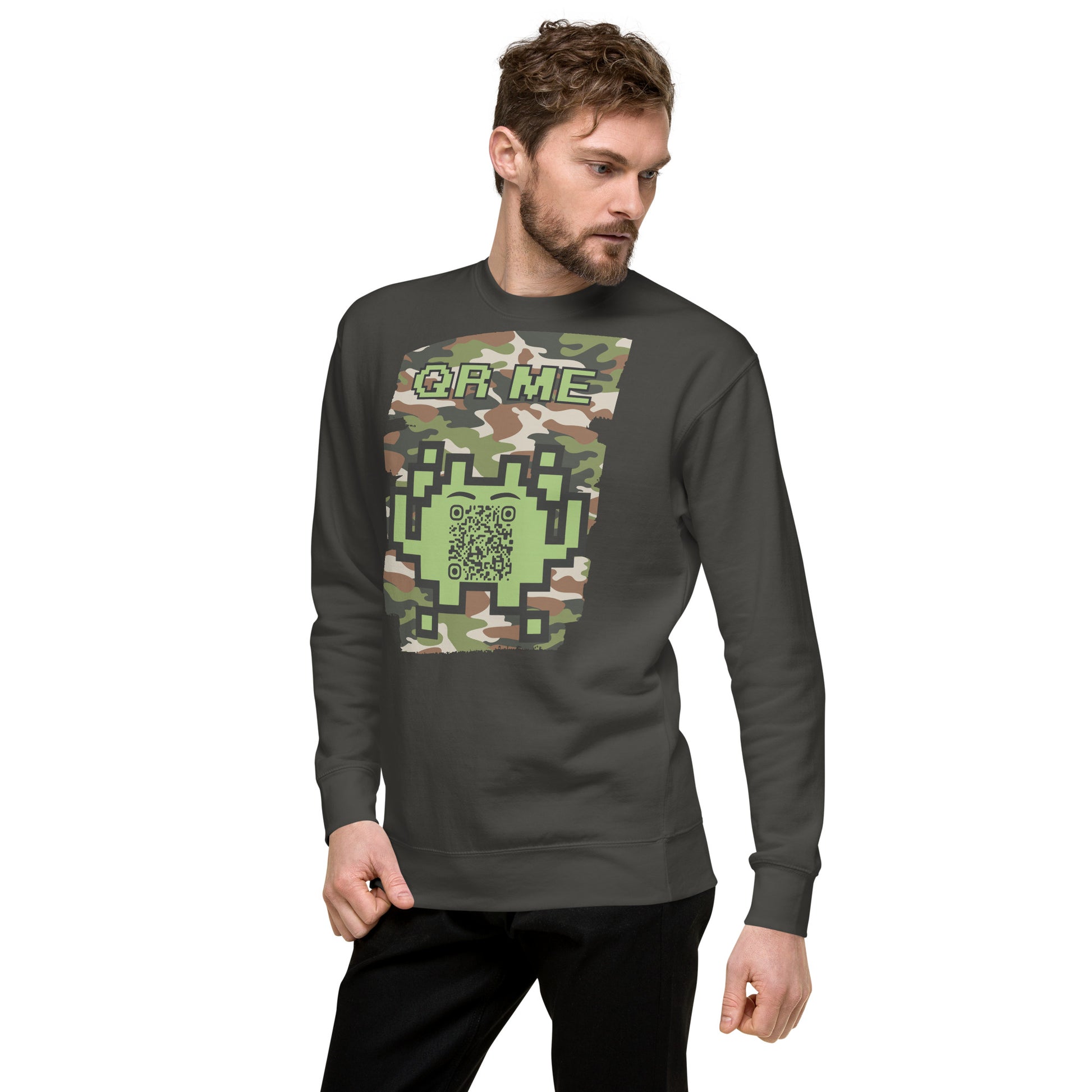 Green Camo Alien QR Code Sweatshirt β Stealth Style for Gamers