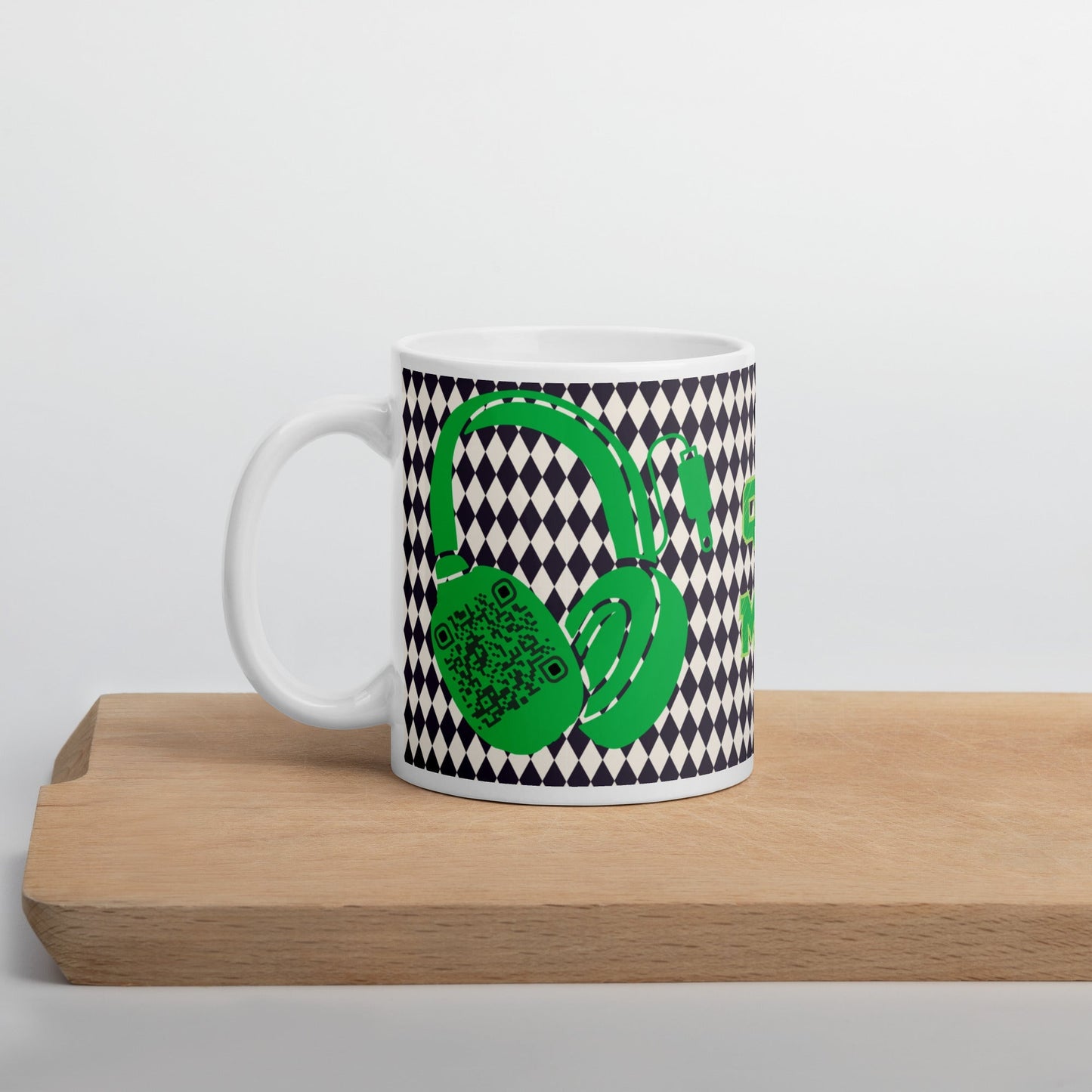 Custom QR Code Mug with Harlequin Print β Share Your Music