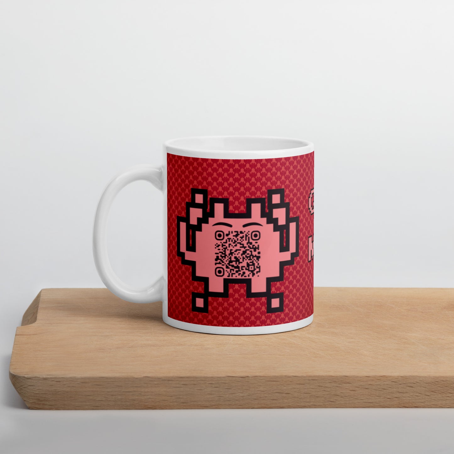 Red Alien Emoji QR Code Mug โ Share Your Gaming World