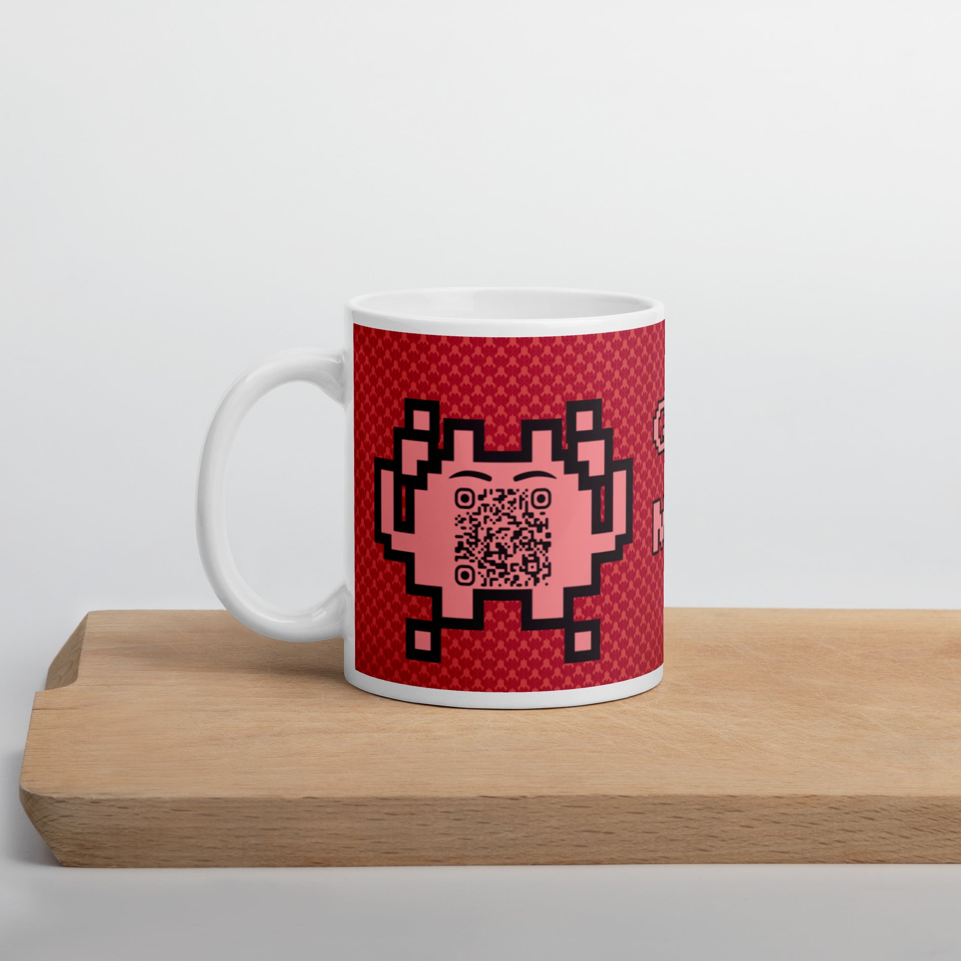 Red Alien Emoji QR Code Mug โ Share Your Gaming World