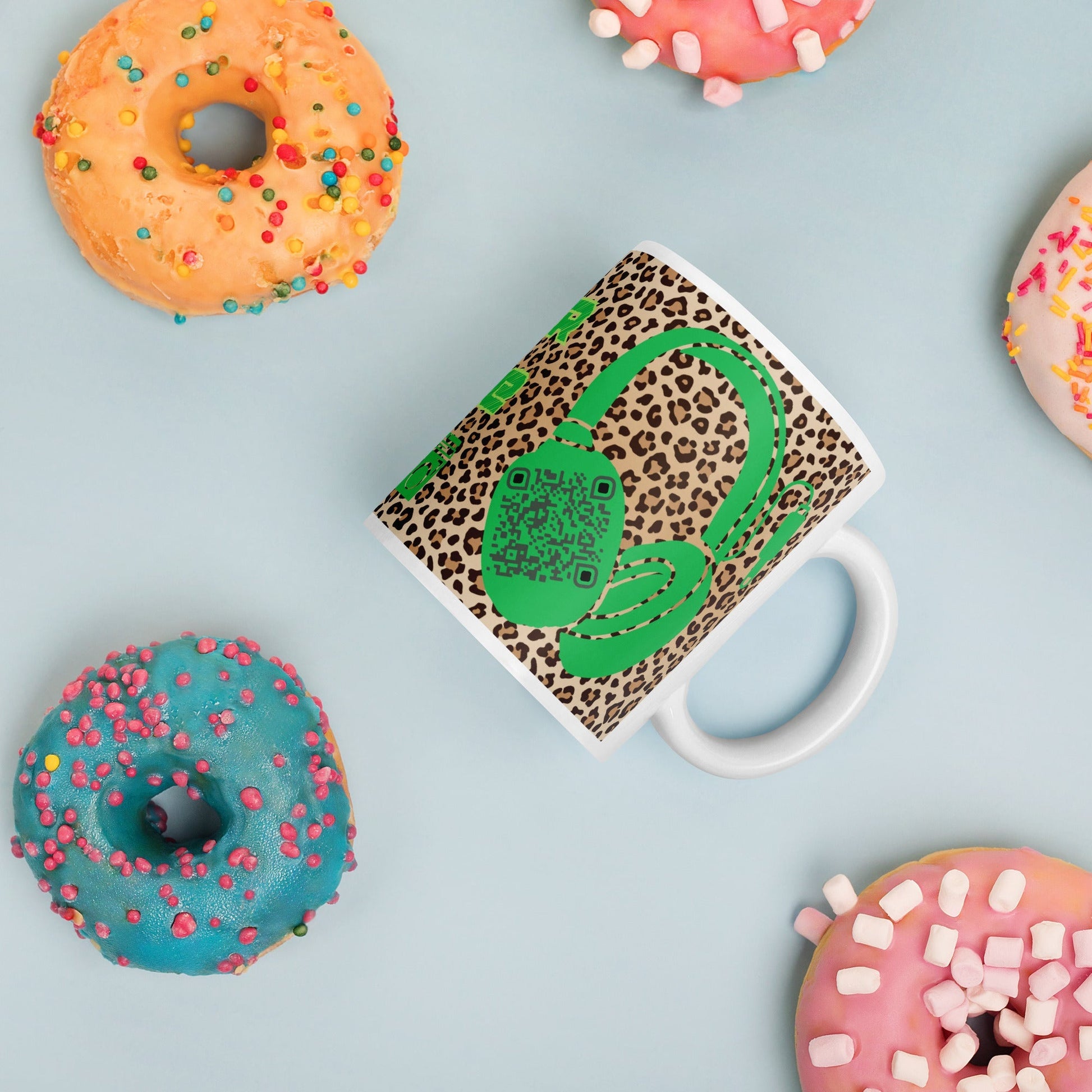 Custom QR Code Mug with Quirky Leopard Print β Share Your Playlist