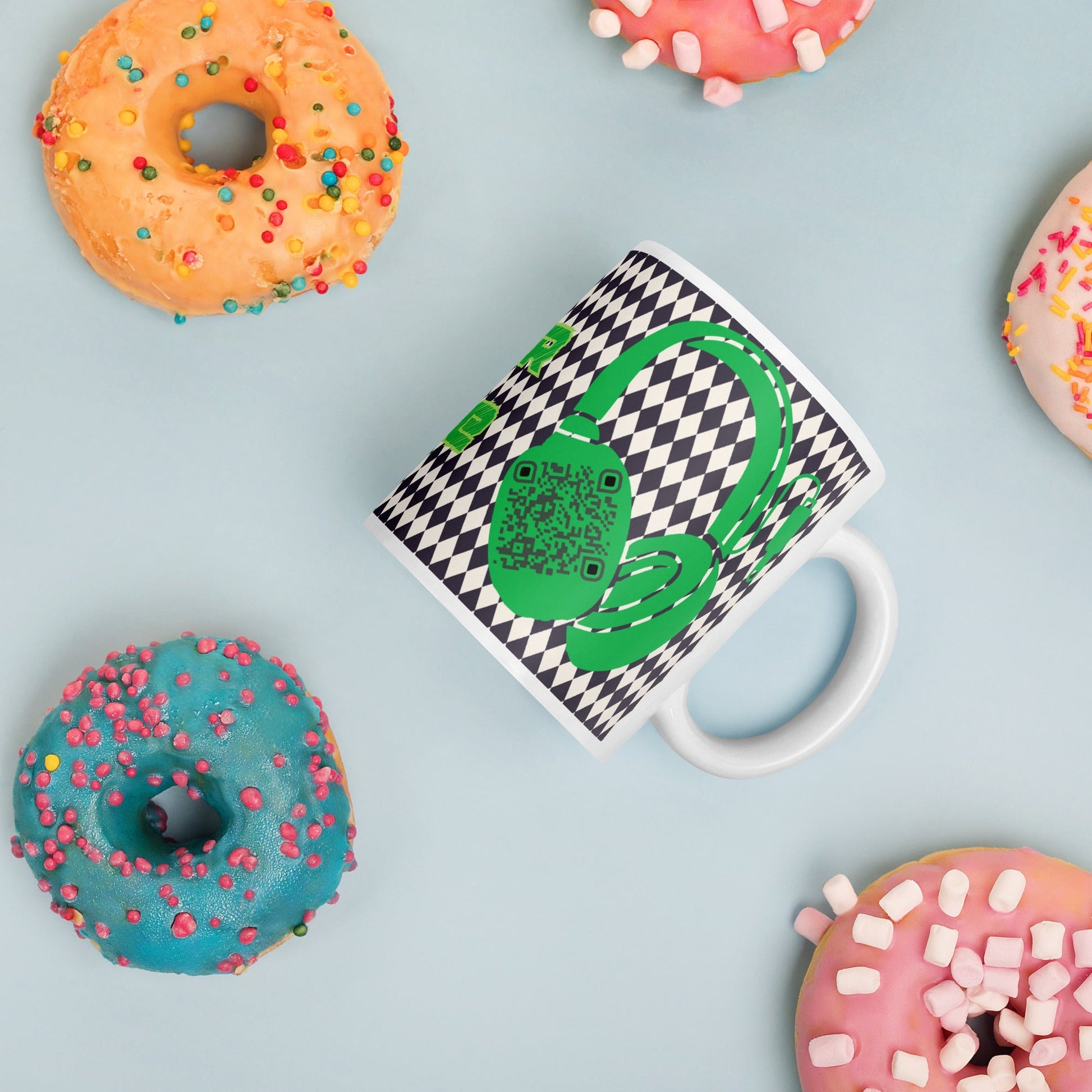 Custom QR Code Mug with Harlequin Print β Share Your Music