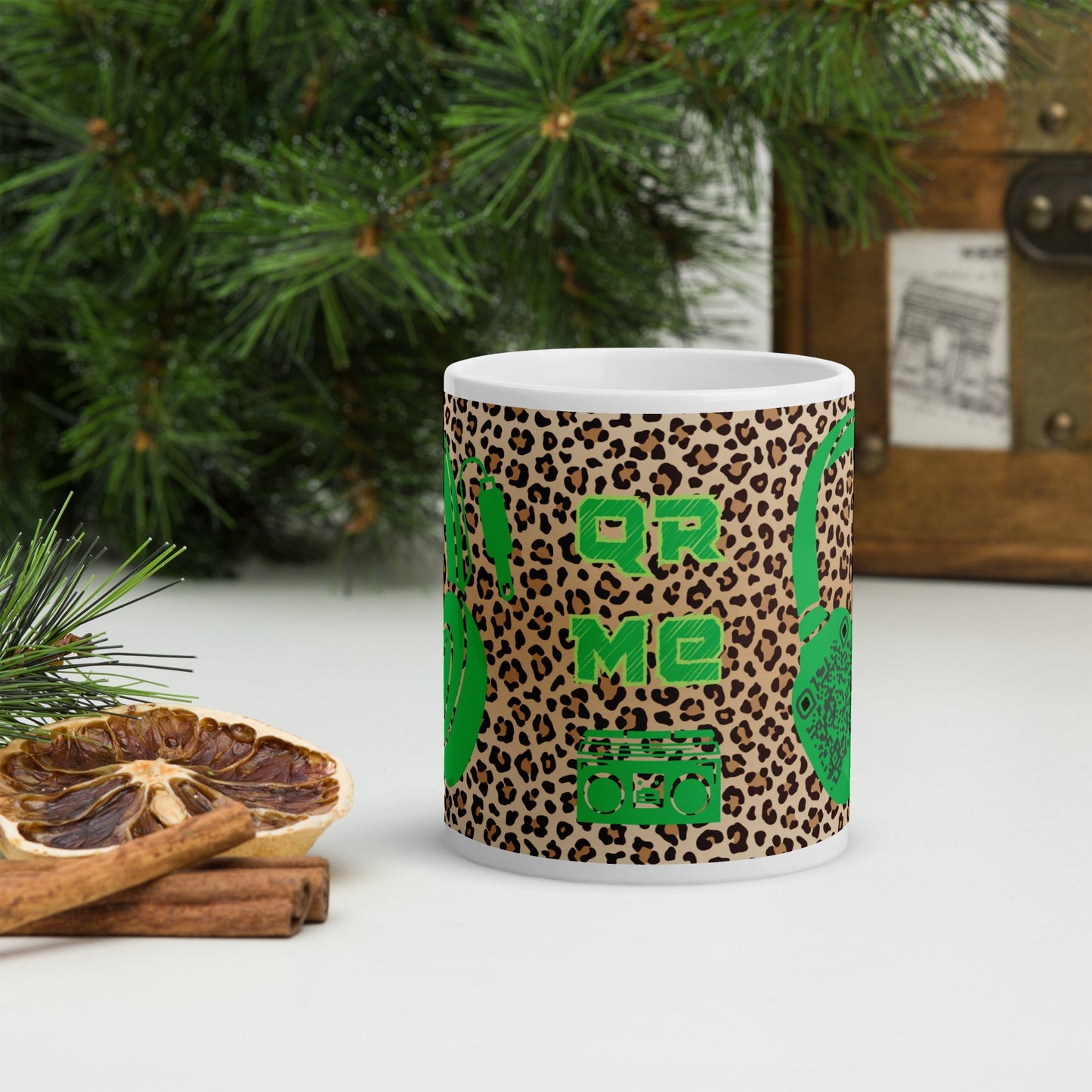 Custom QR Code Mug with Quirky Leopard Print β Share Your Playlist