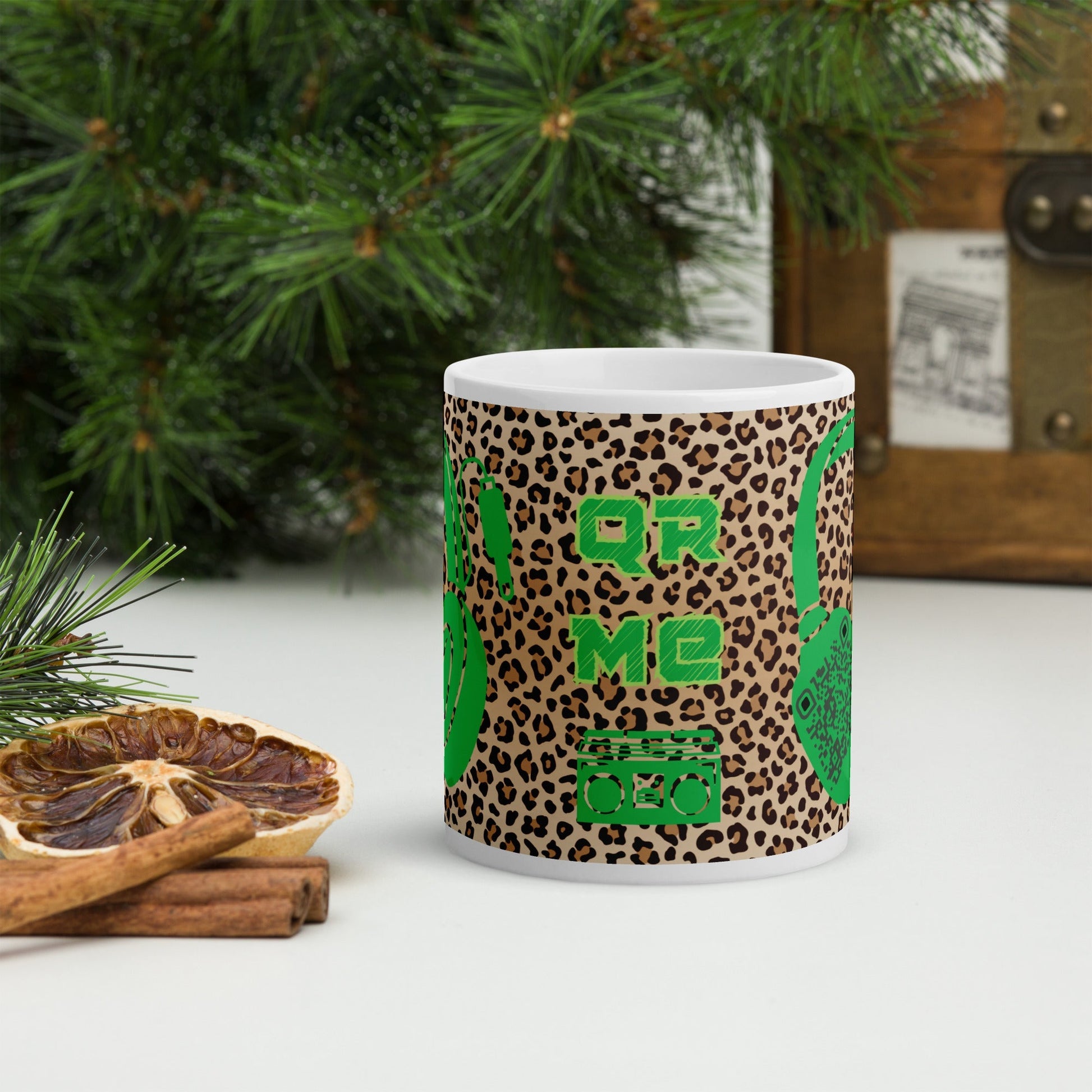 Custom QR Code Mug with Quirky Leopard Print β Share Your Playlist