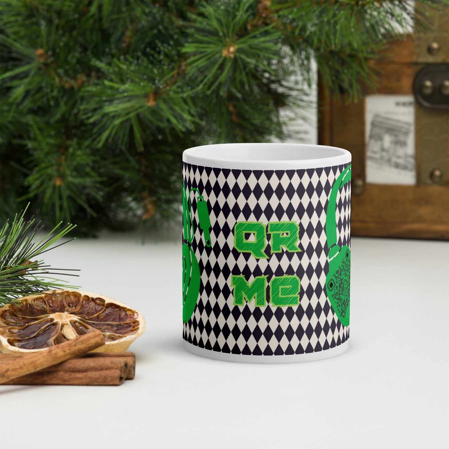Custom QR Code Mug with Harlequin Print β Share Your Music