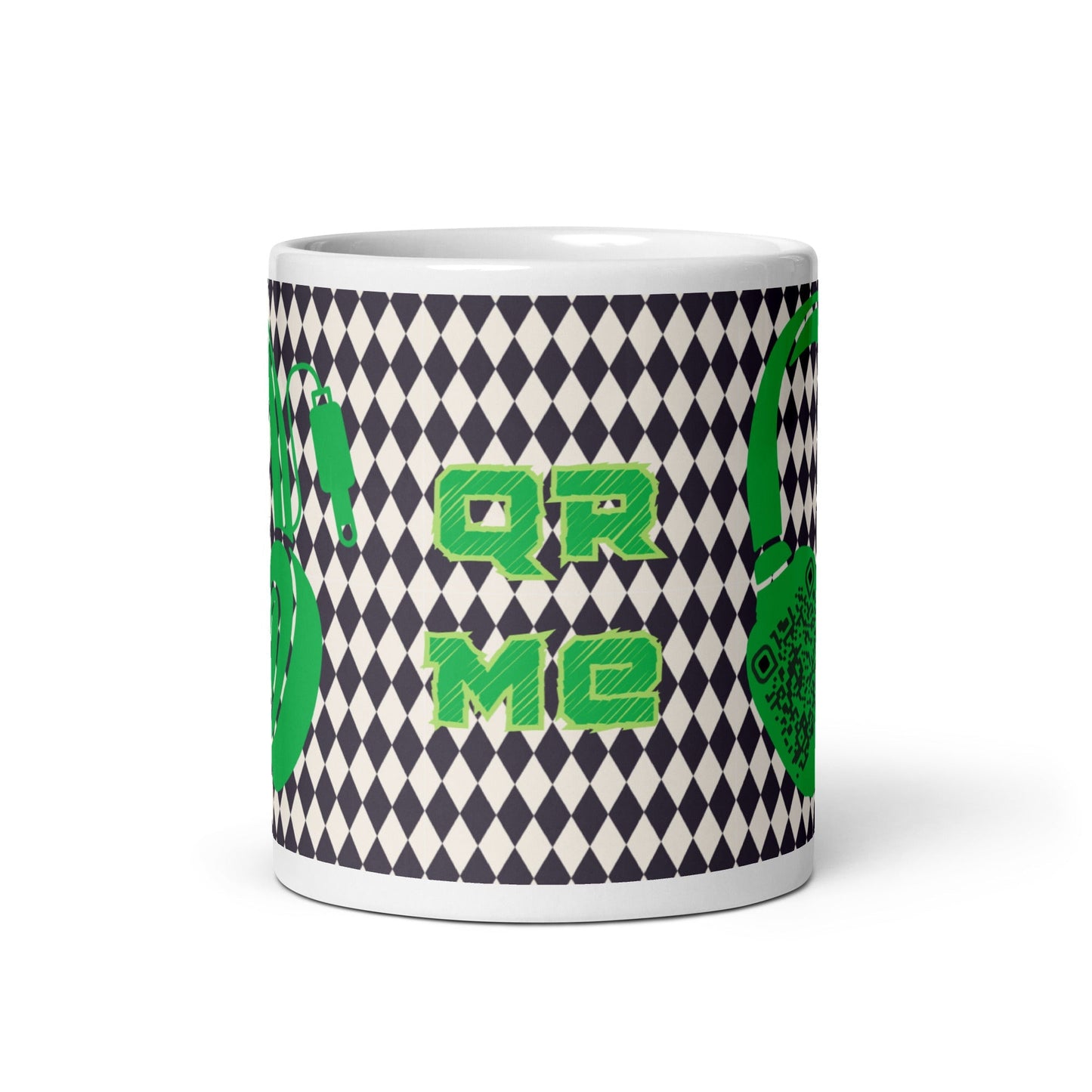 Custom QR Code Mug with Harlequin Print β Share Your Music