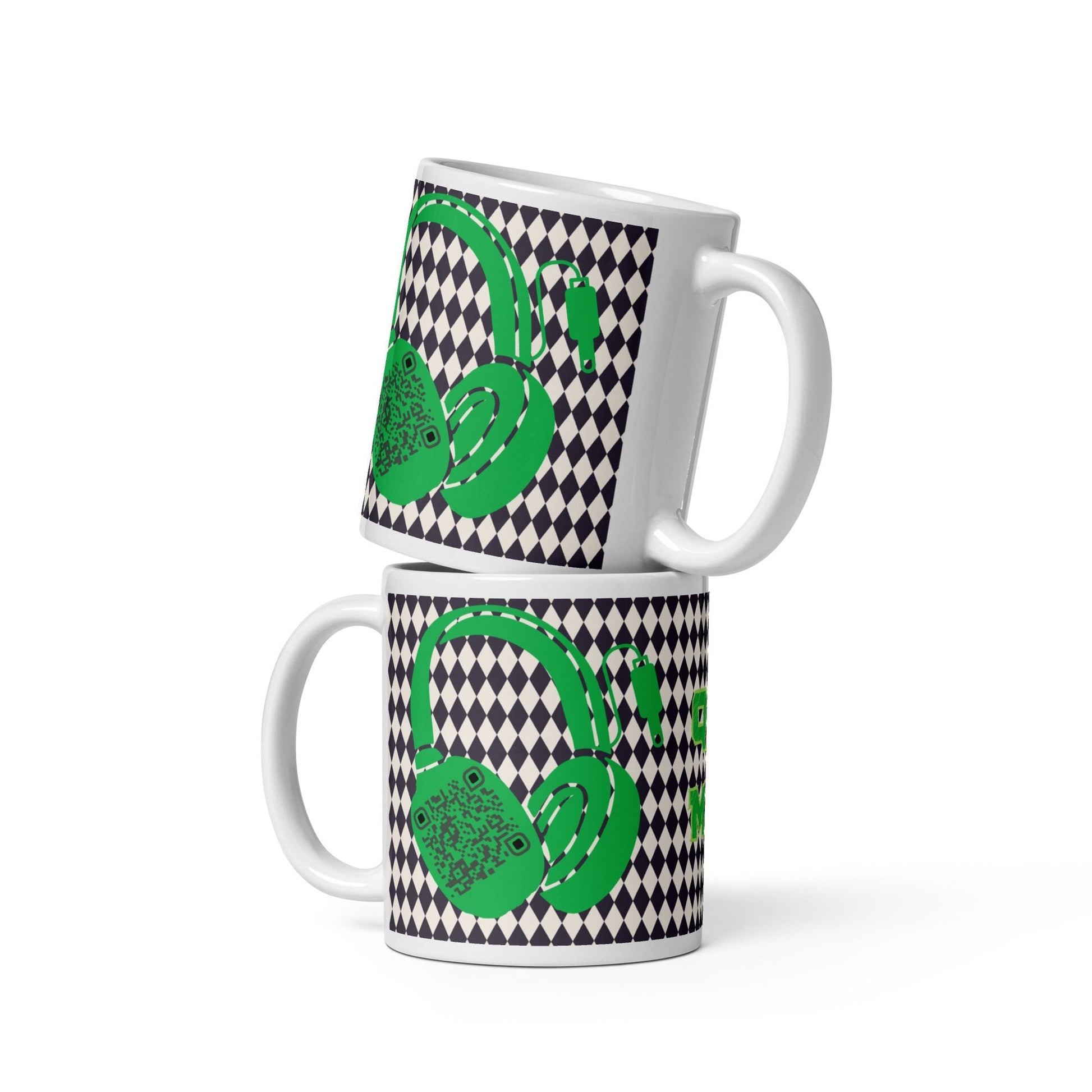 Custom QR Code Mug with Harlequin Print β Share Your Music