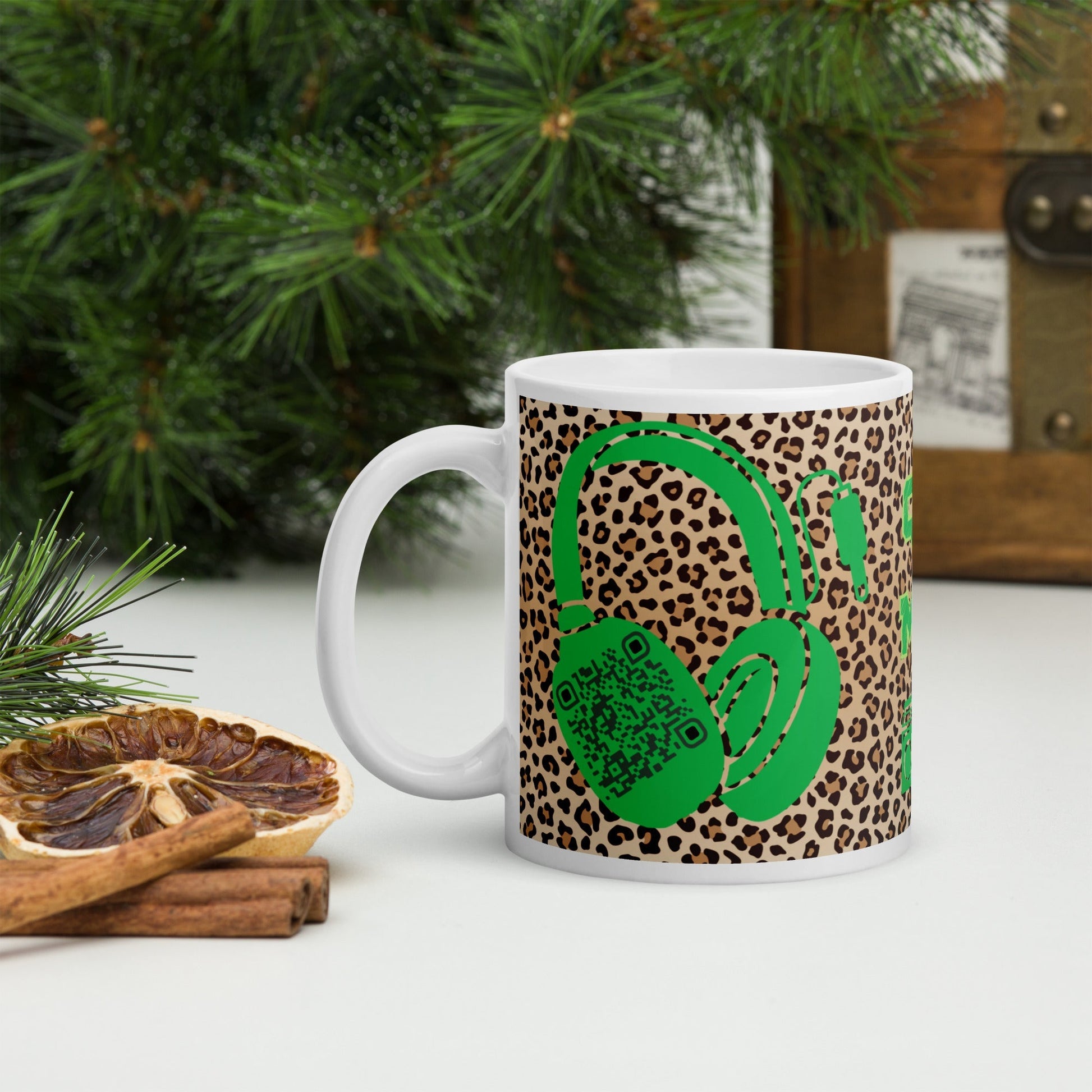 Custom QR Code Mug with Quirky Leopard Print β Share Your Playlist