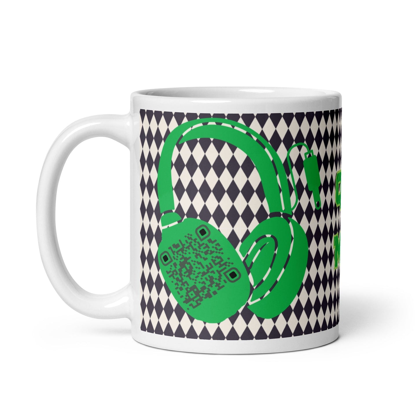 Custom QR Code Mug with Harlequin Print β Share Your Music