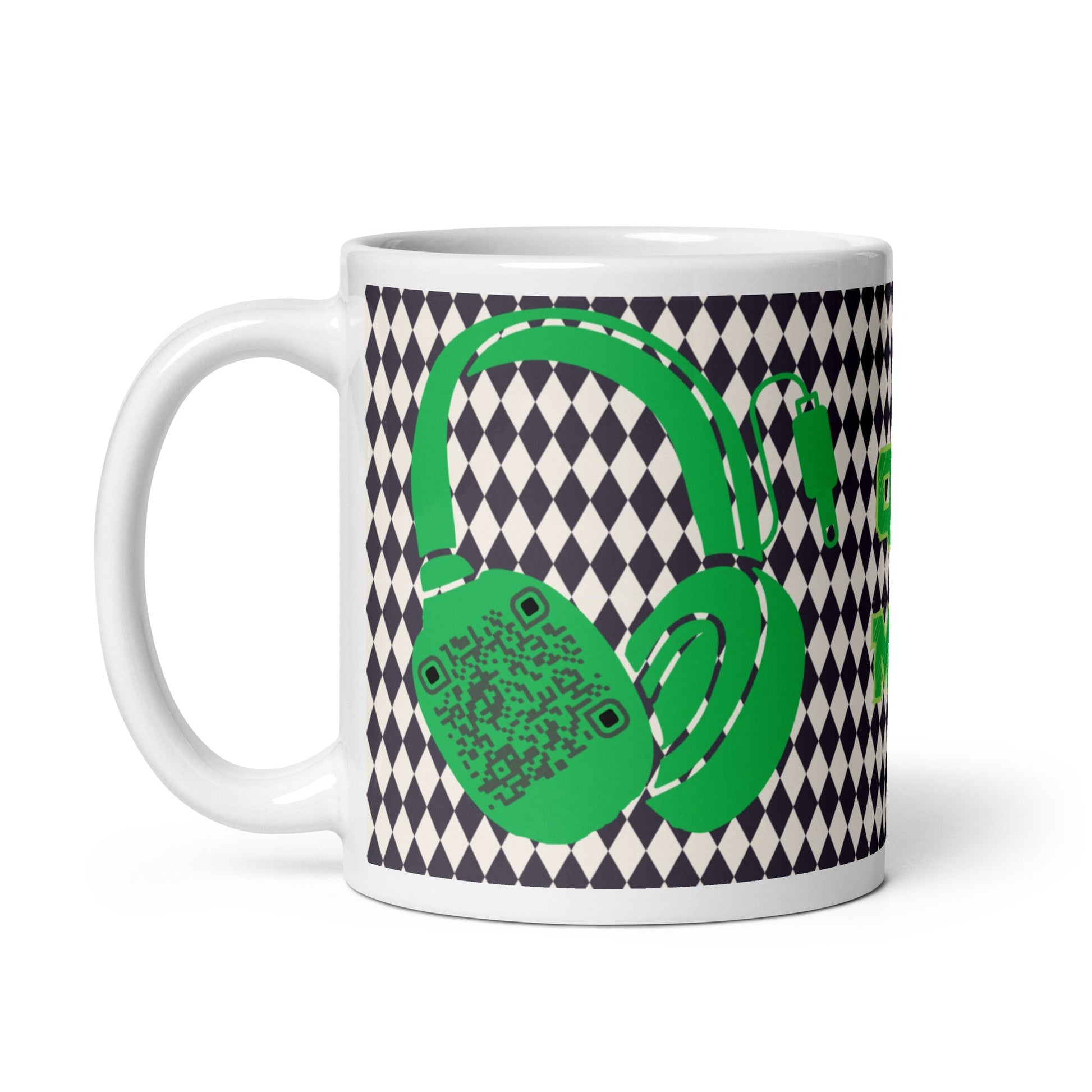 Custom QR Code Mug with Harlequin Print β Share Your Music