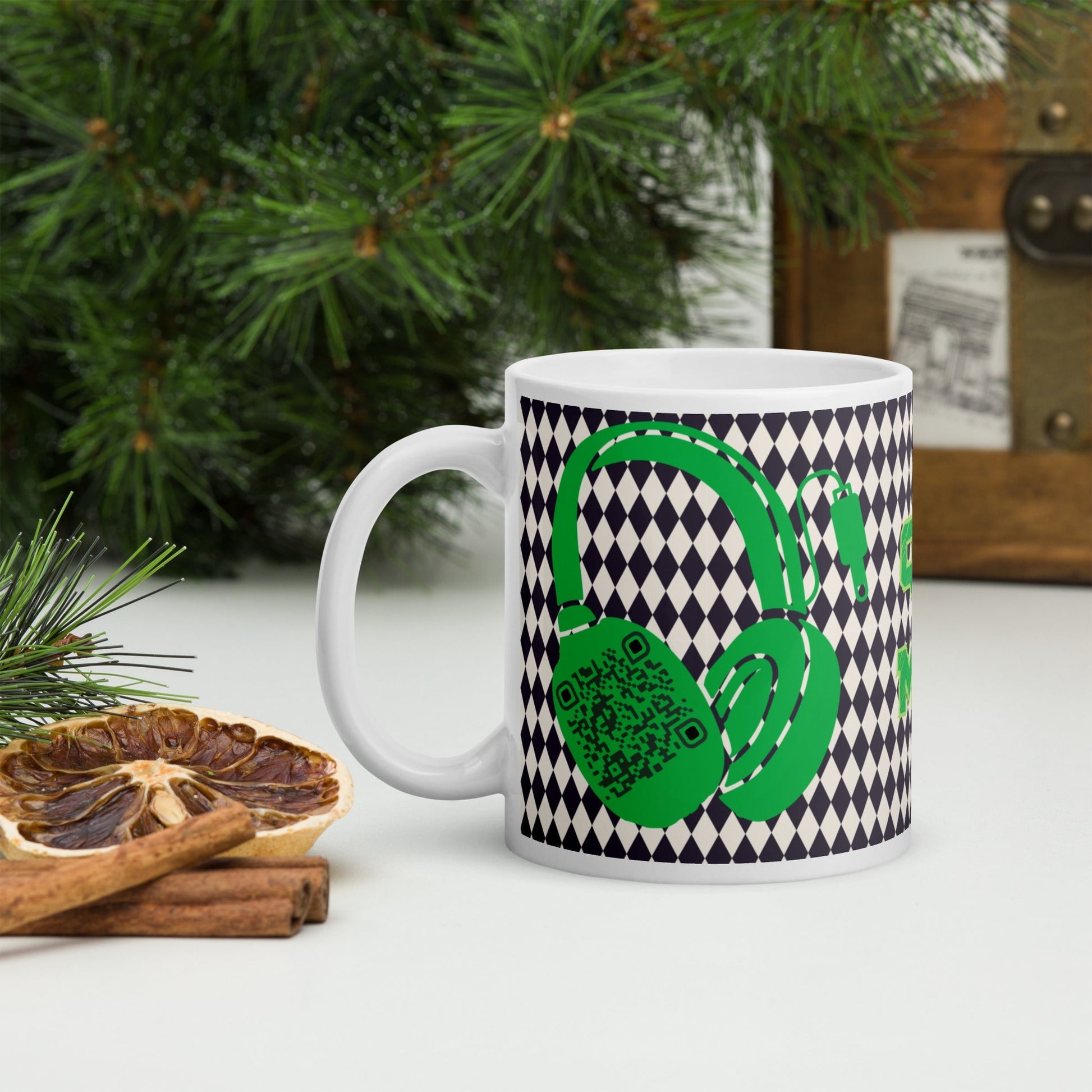 Custom QR Code Mug with Harlequin Print β Share Your Music