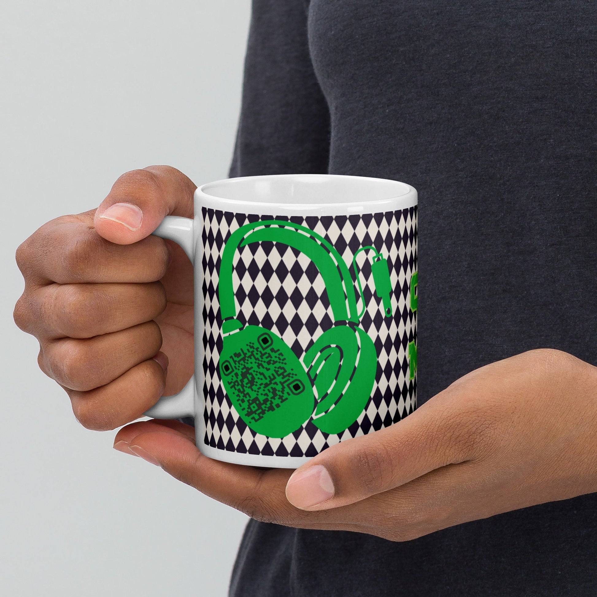 Custom QR Code Mug with Harlequin Print β Share Your Music