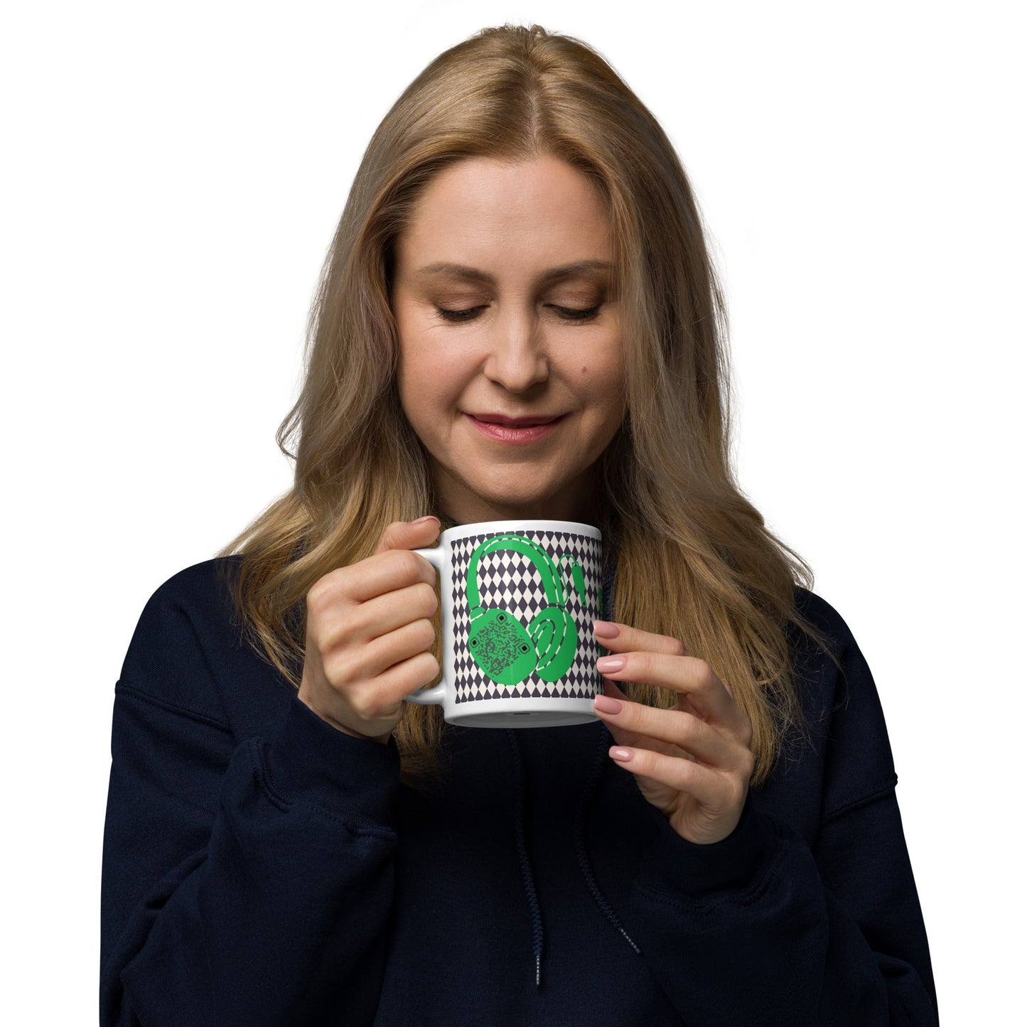 Custom QR Code Mug with Harlequin Print β Share Your Music