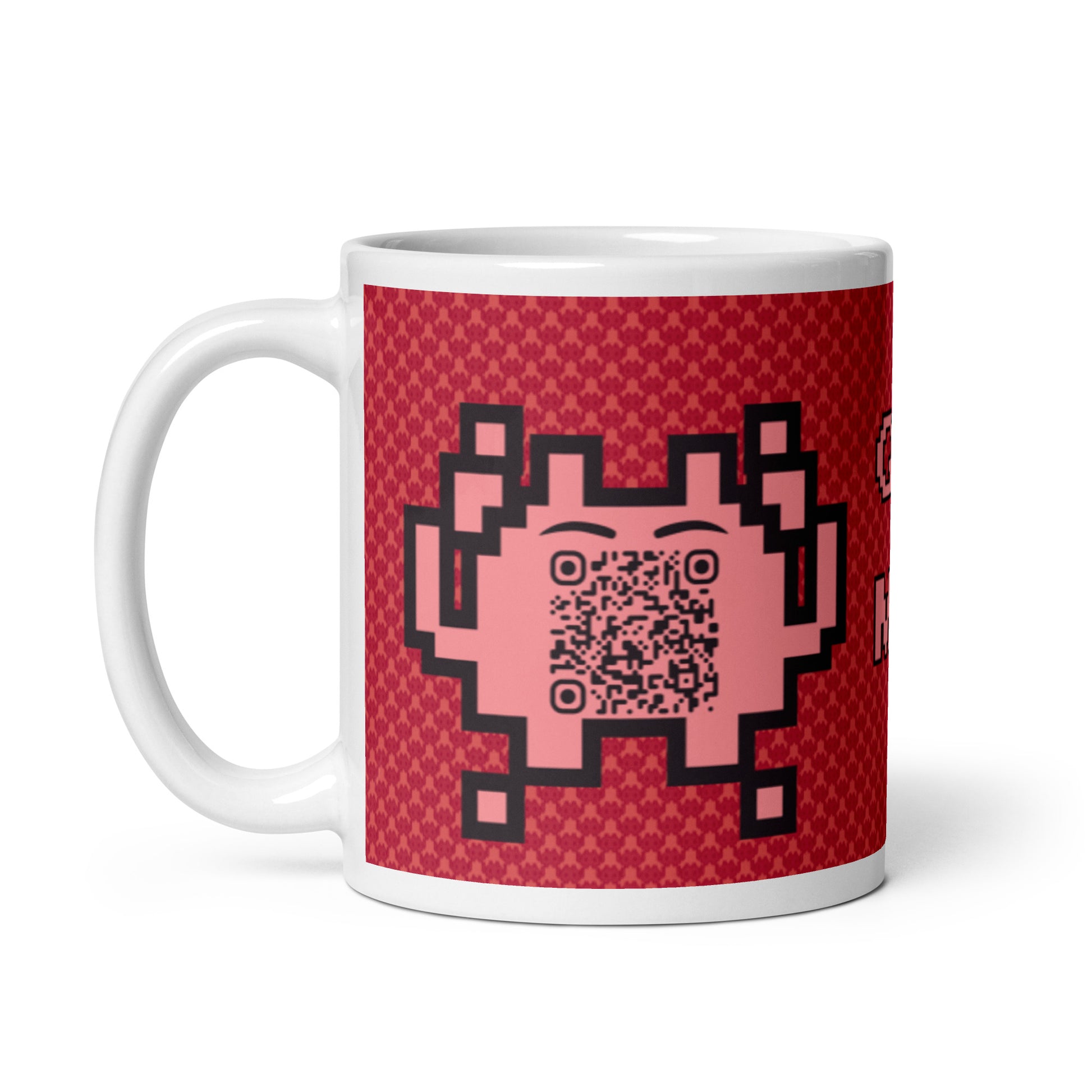 Red Alien Emoji QR Code Mug โ Share Your Gaming World