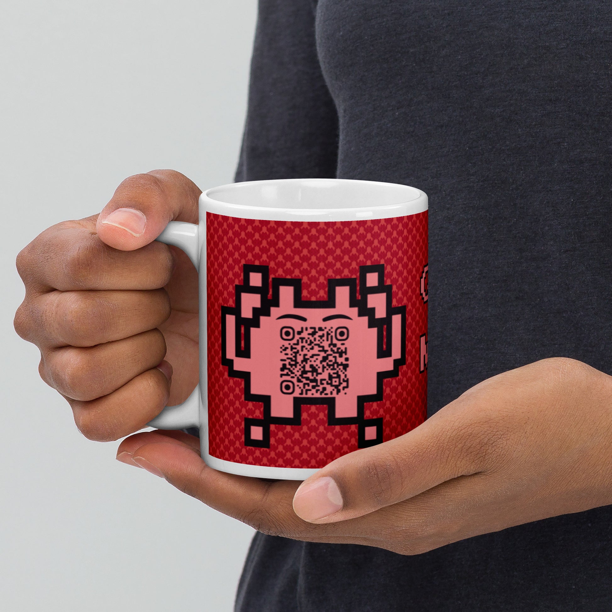 Red Alien Emoji QR Code Mug โ Share Your Gaming World