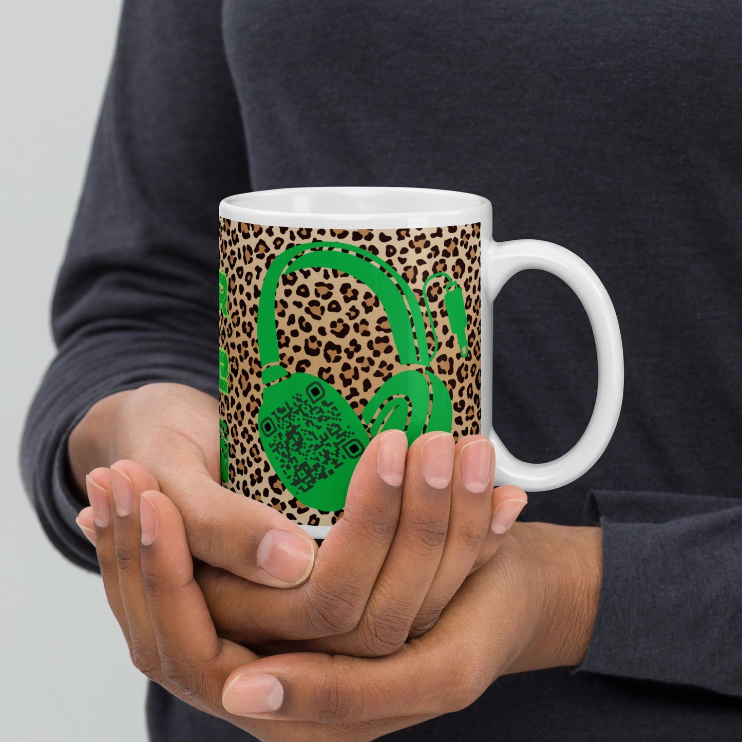 Custom QR Code Mug with Quirky Leopard Print β Share Your Playlist
