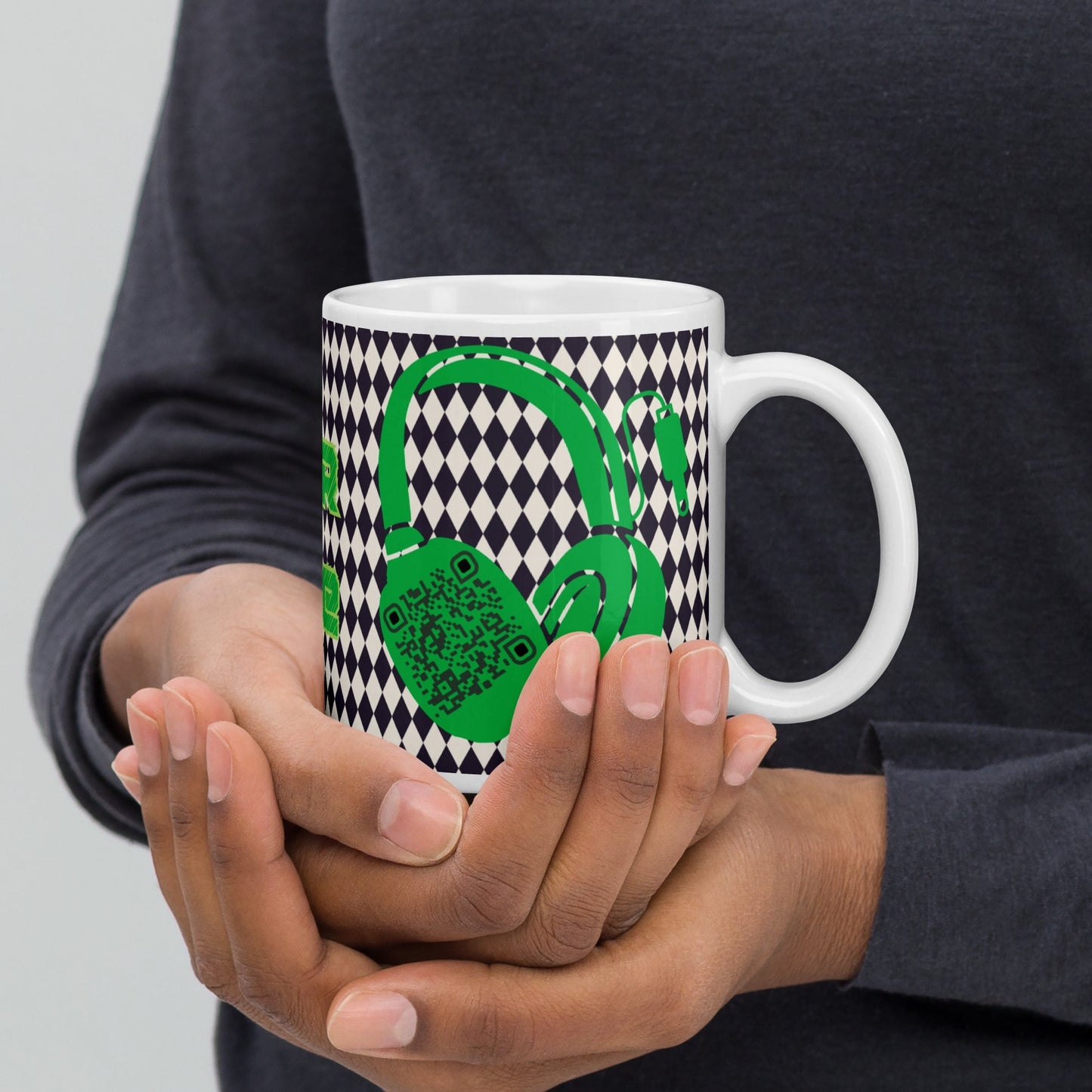 Custom QR Code Mug with Harlequin Print β Share Your Music