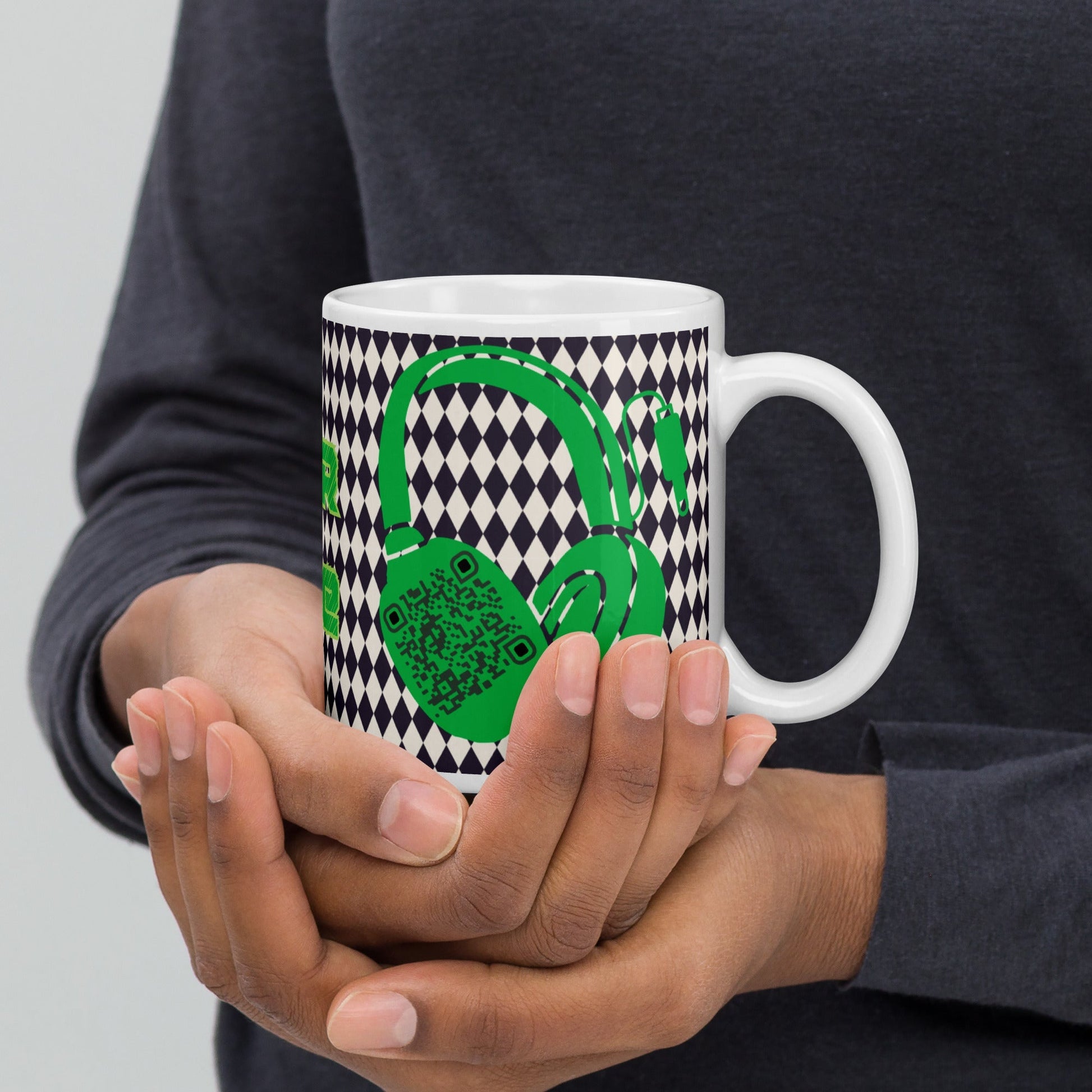 Custom QR Code Mug with Harlequin Print β Share Your Music