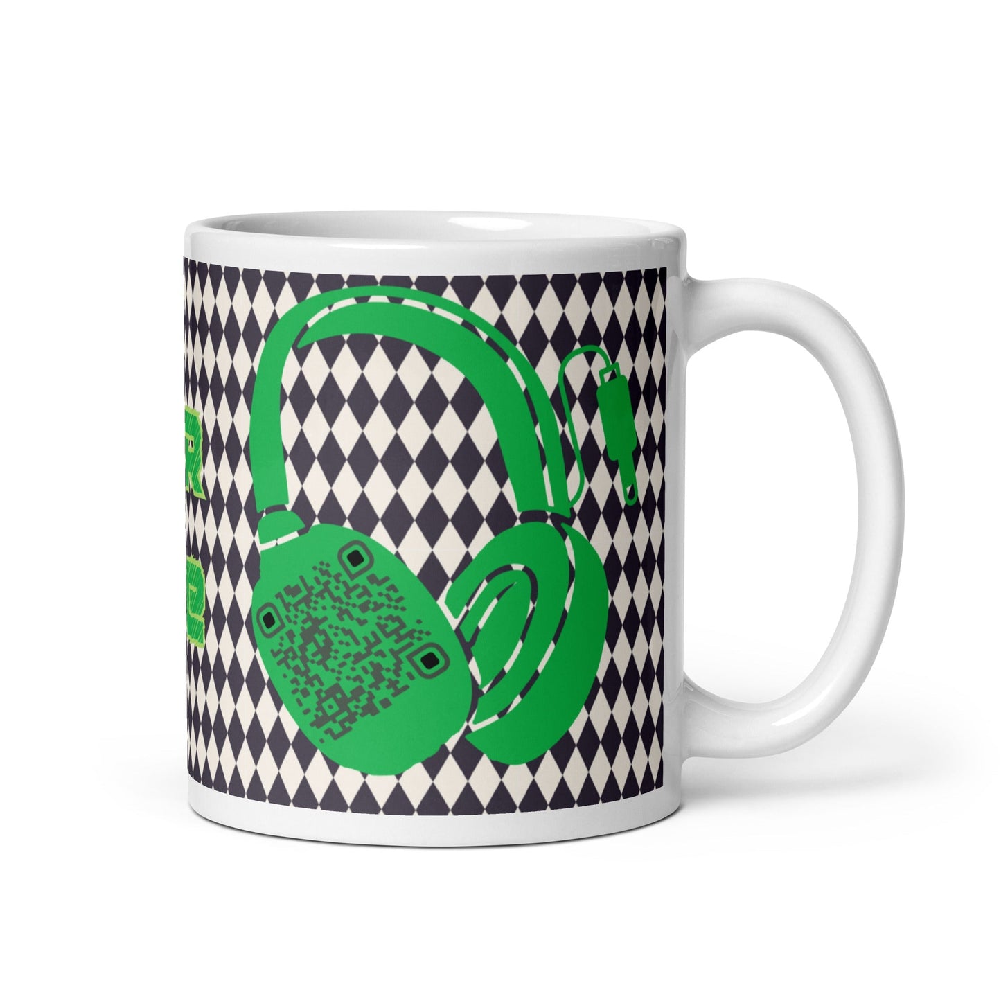 Custom QR Code Mug with Harlequin Print β Share Your Music