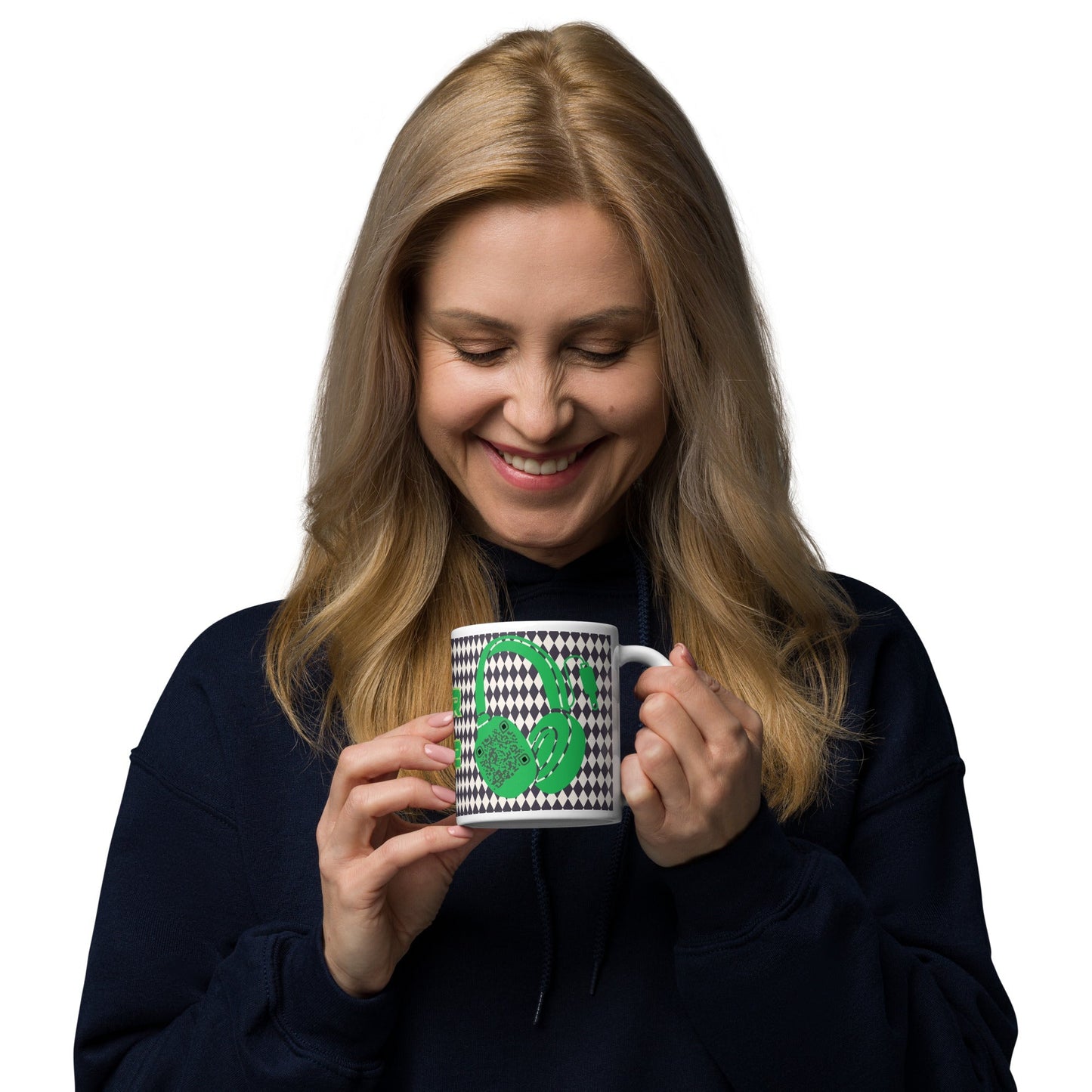 Custom QR Code Mug with Harlequin Print β Share Your Music