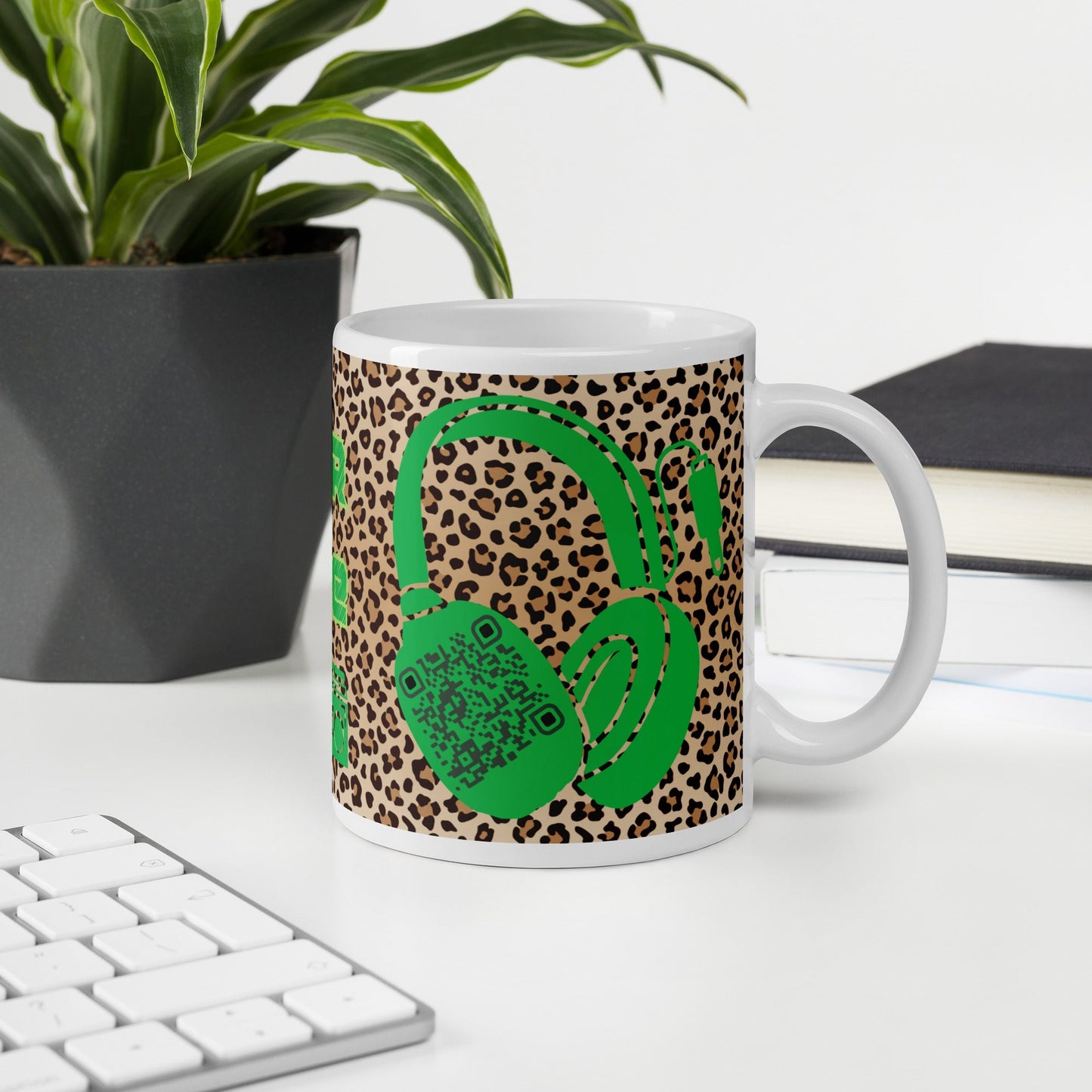 Custom QR Code Mug with Quirky Leopard Print β Share Your Playlist