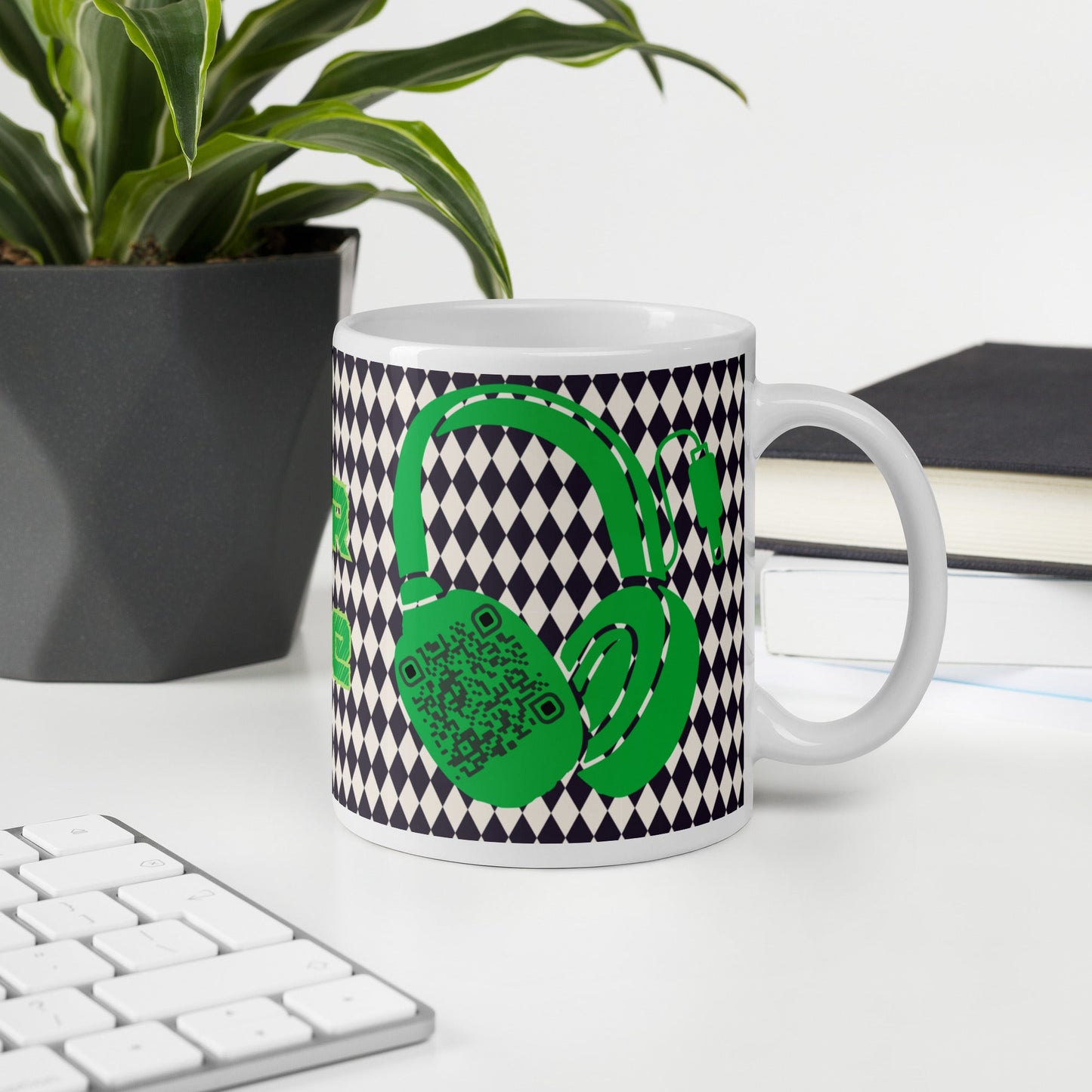 Custom QR Code Mug with Harlequin Print β Share Your Music