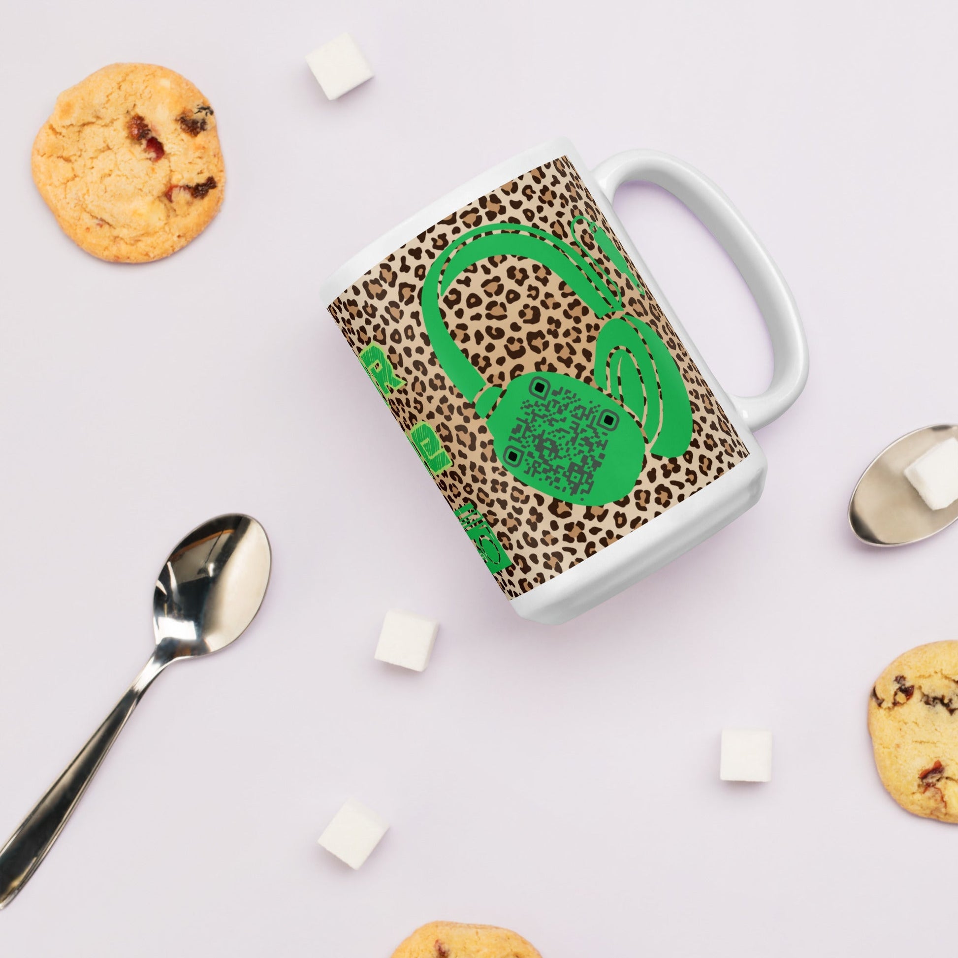 Custom QR Code Mug with Quirky Leopard Print β Share Your Playlist
