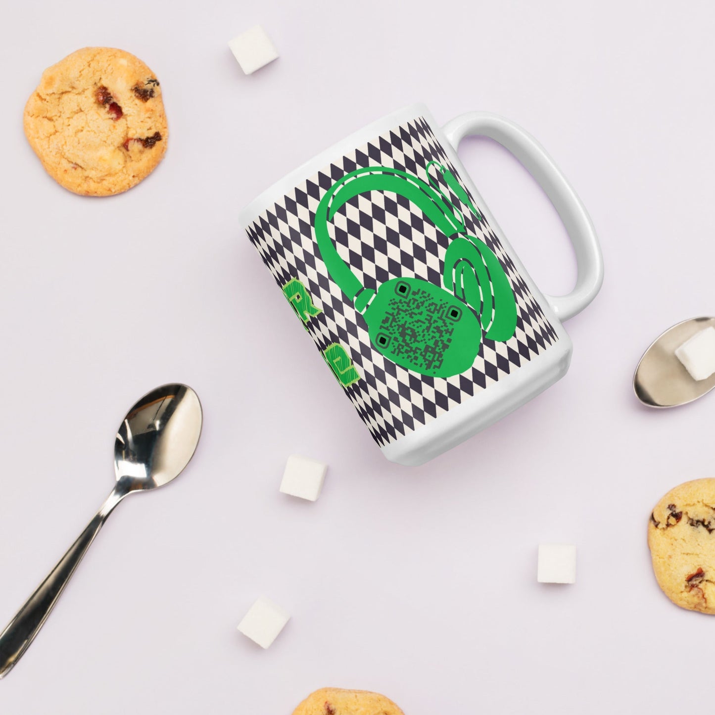 Custom QR Code Mug with Harlequin Print β Share Your Music