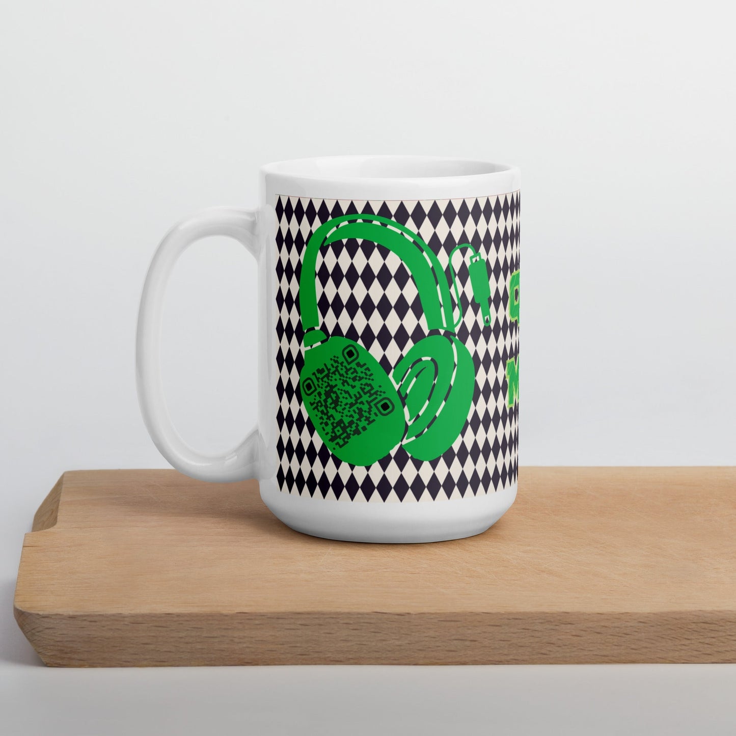 Custom QR Code Mug with Harlequin Print β Share Your Music
