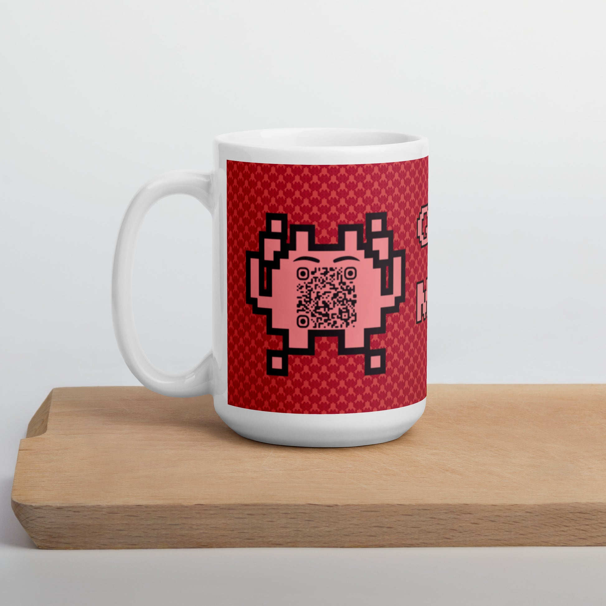 Red Alien Emoji QR Code Mug โ Share Your Gaming World
