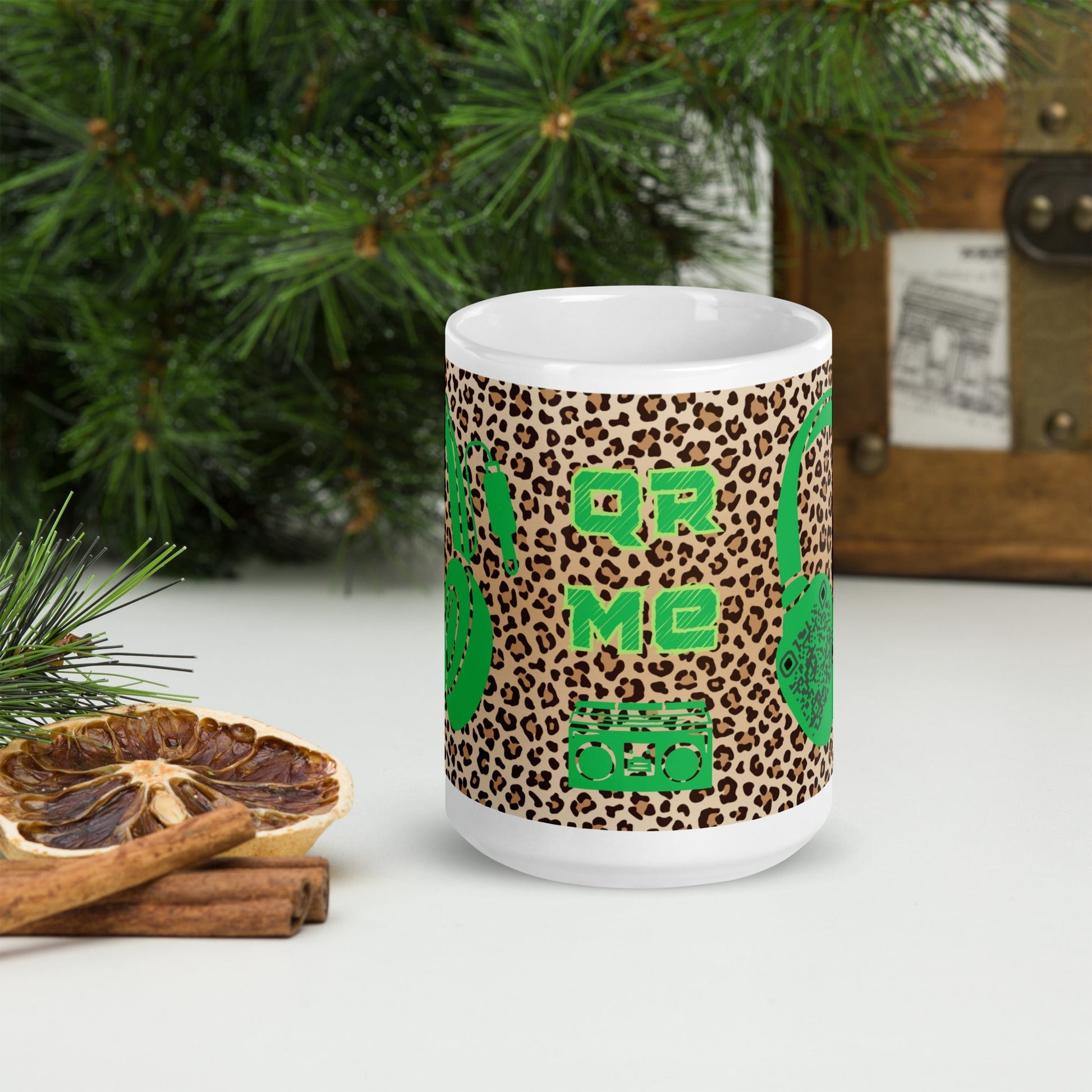 Custom QR Code Mug with Quirky Leopard Print β Share Your Playlist