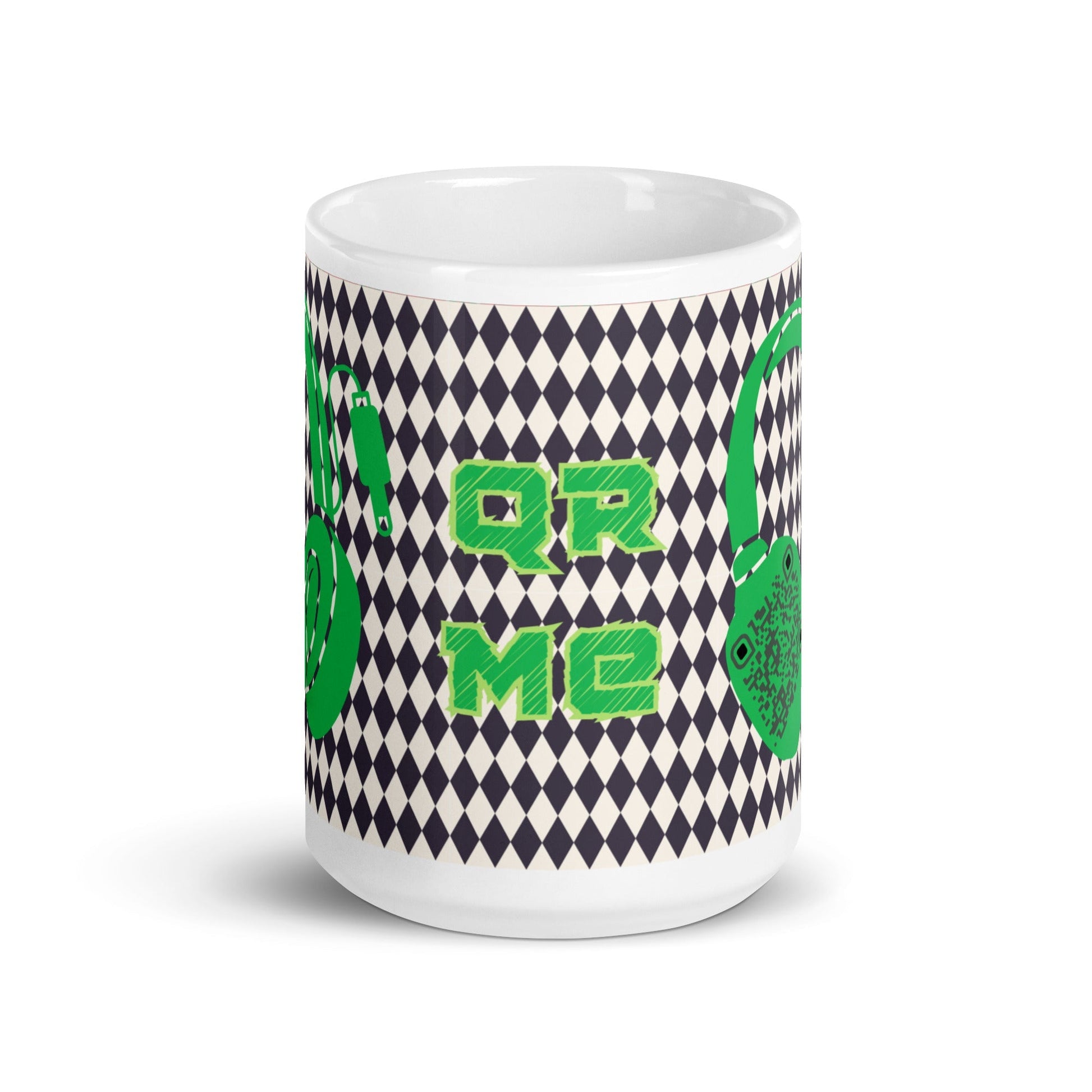 Custom QR Code Mug with Harlequin Print β Share Your Music