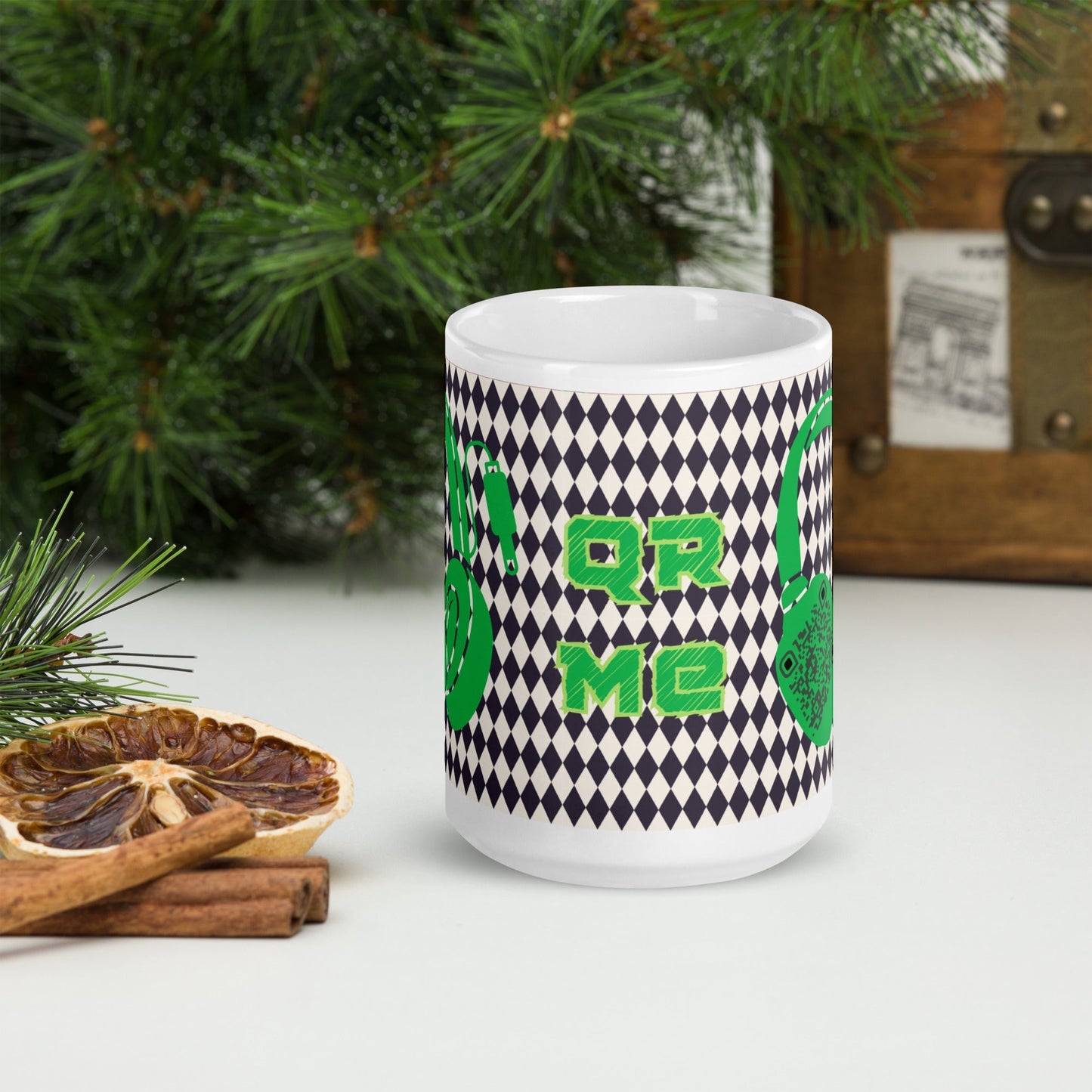 Custom QR Code Mug with Harlequin Print β Share Your Music