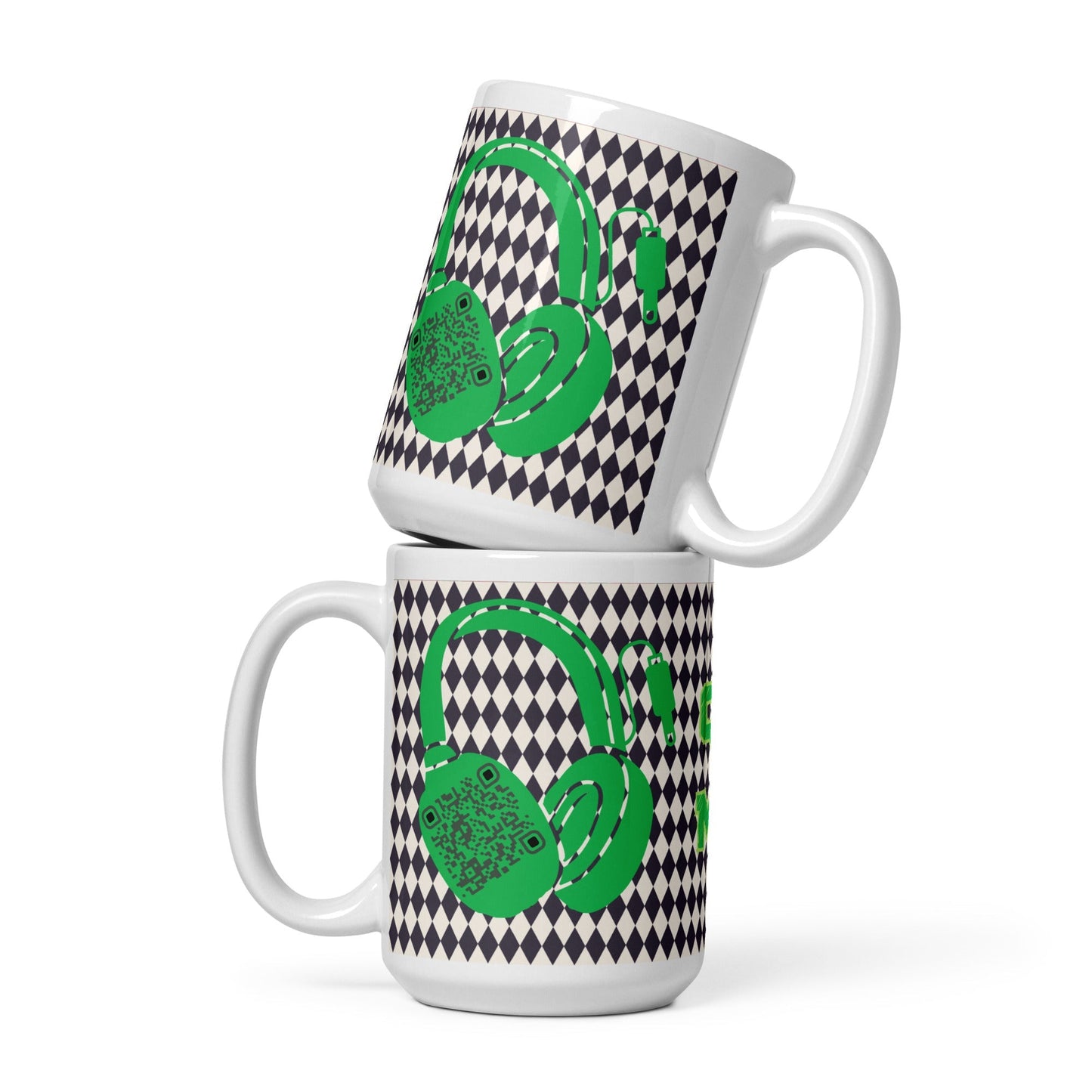 Custom QR Code Mug with Harlequin Print β Share Your Music