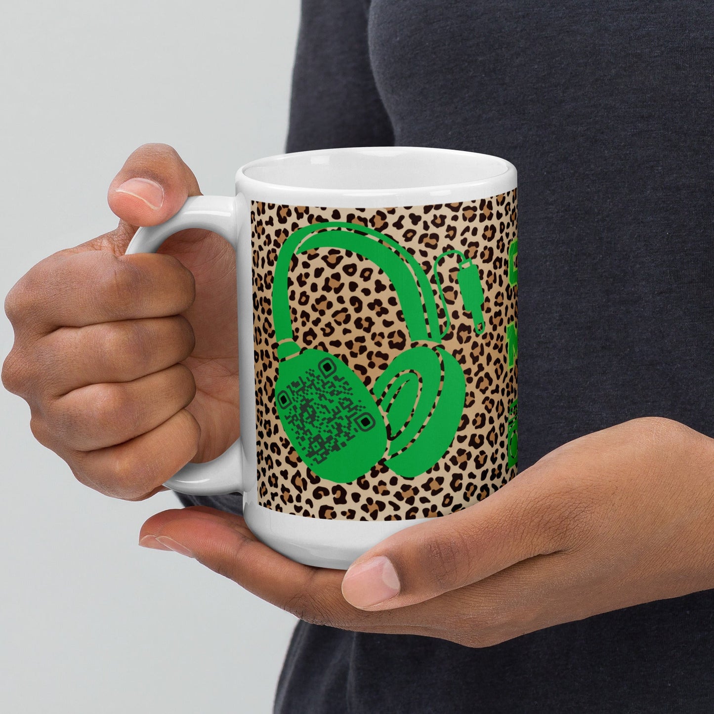 Custom QR Code Mug with Quirky Leopard Print β Share Your Playlist