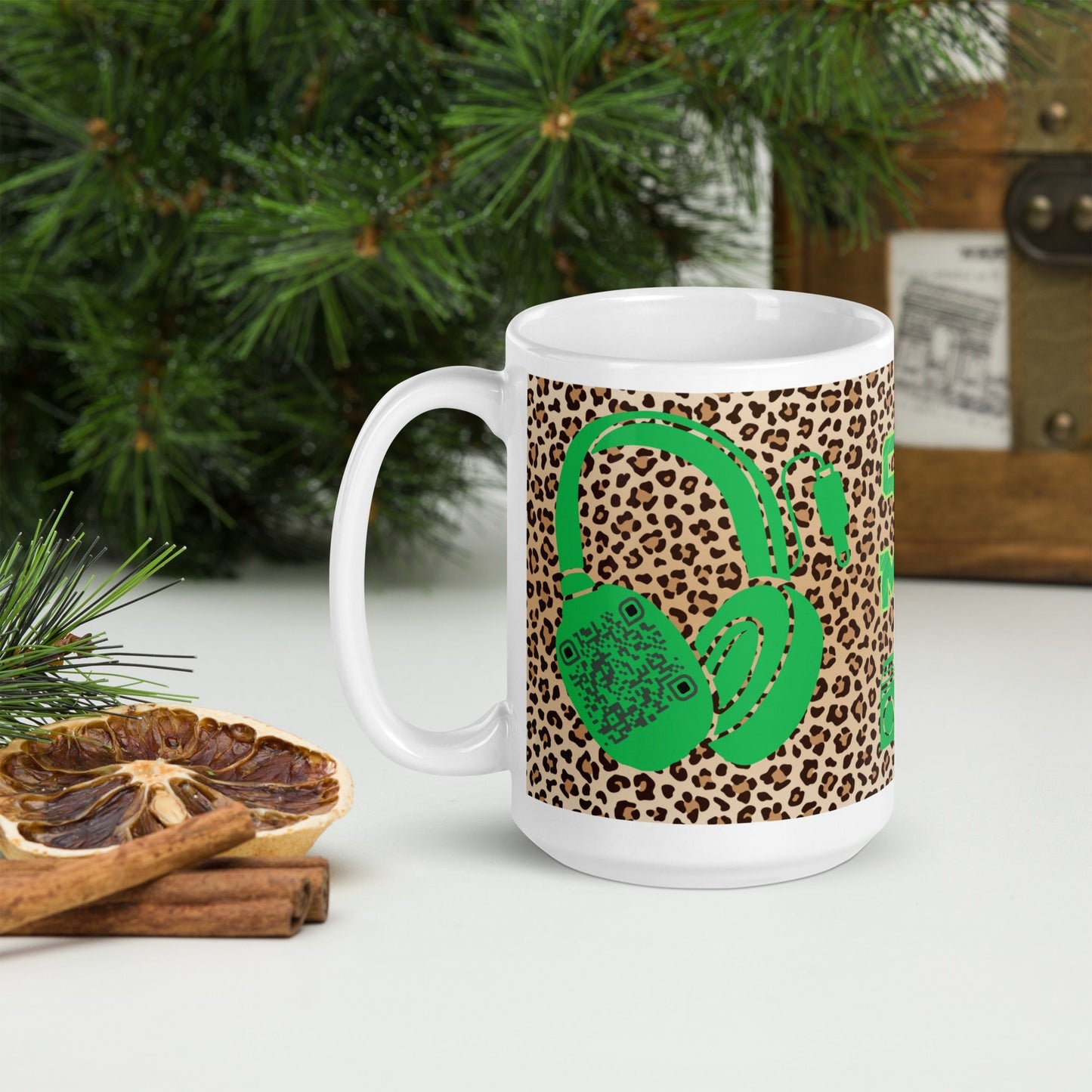 Custom QR Code Mug with Quirky Leopard Print β Share Your Playlist