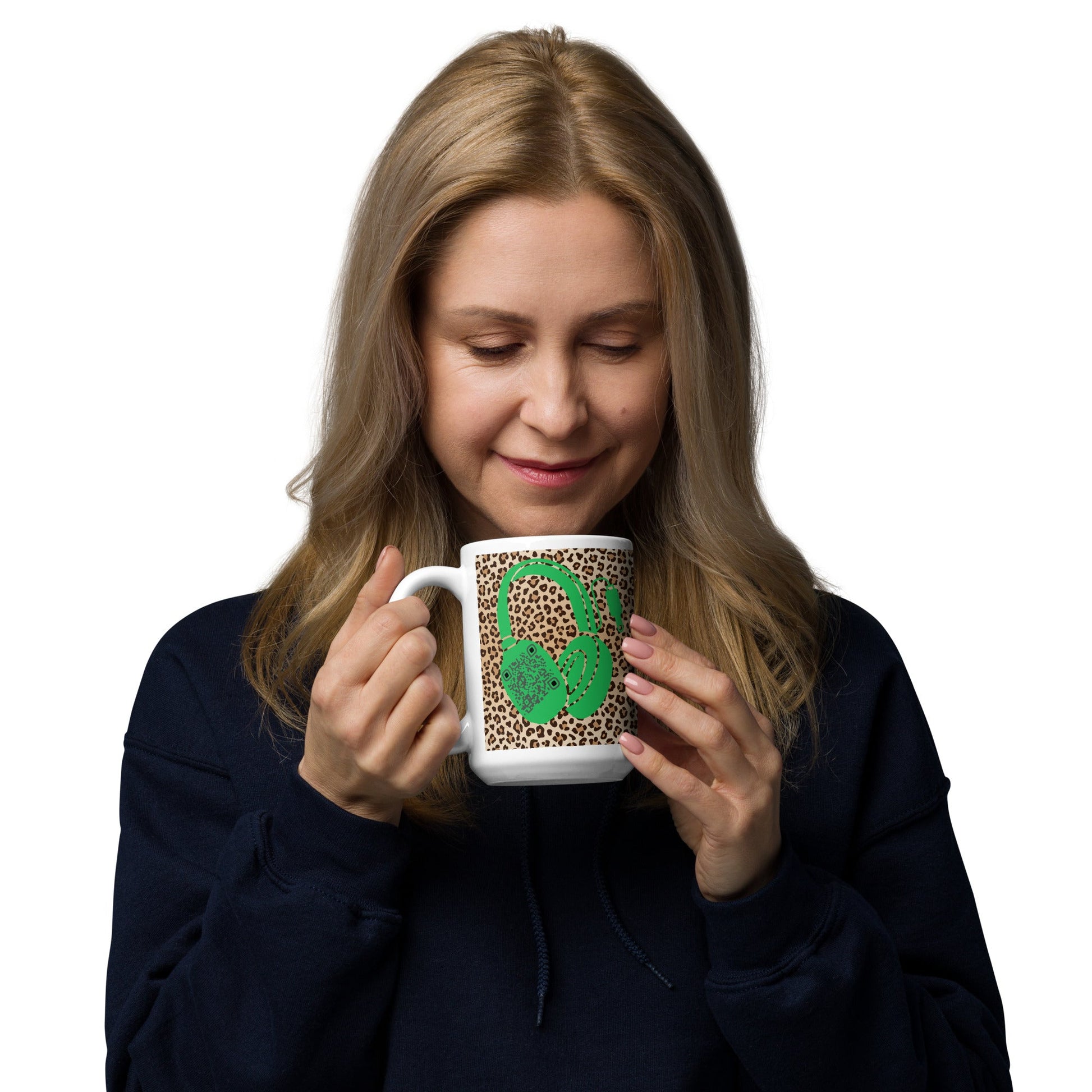 Custom QR Code Mug with Quirky Leopard Print β Share Your Playlist