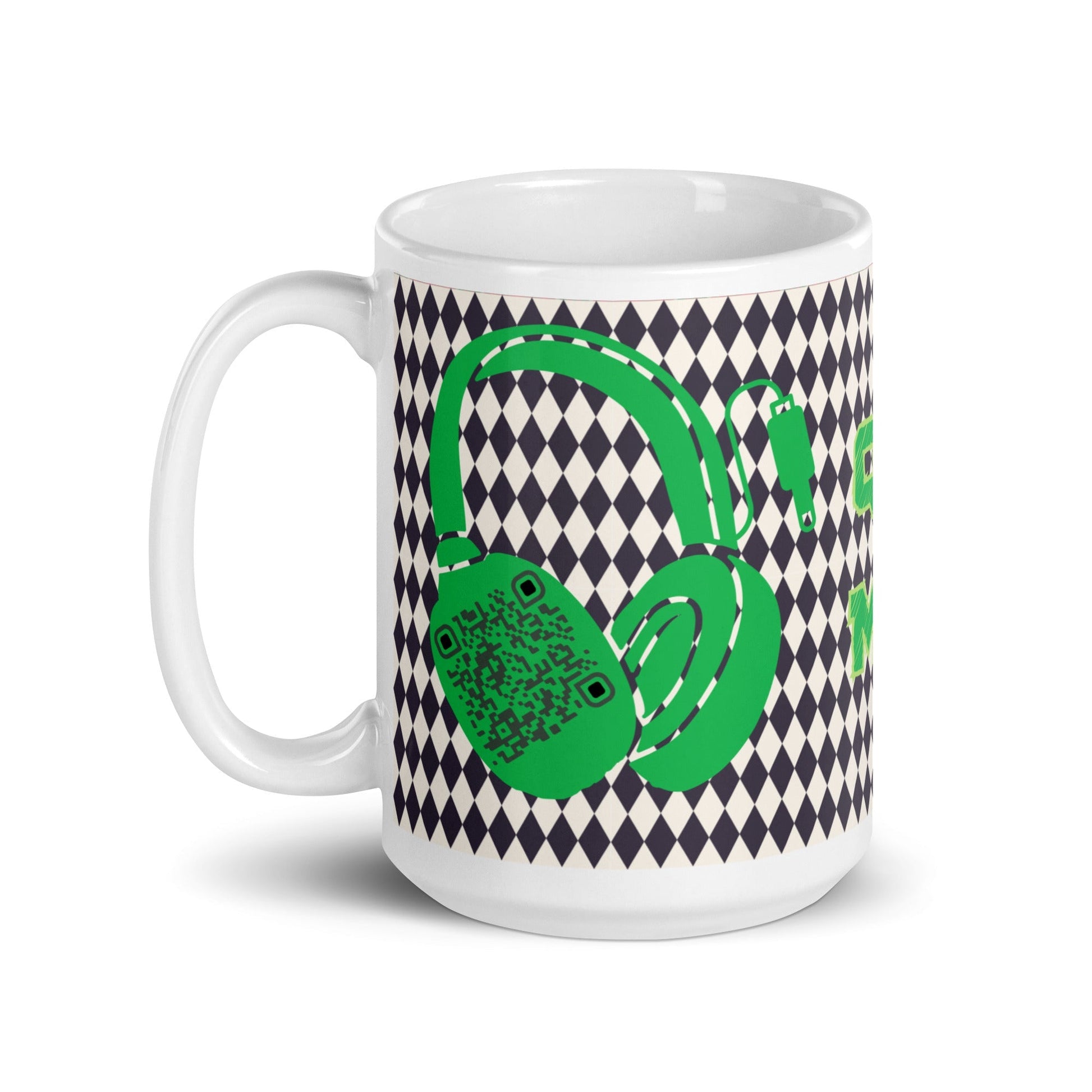Custom QR Code Mug with Harlequin Print β Share Your Music