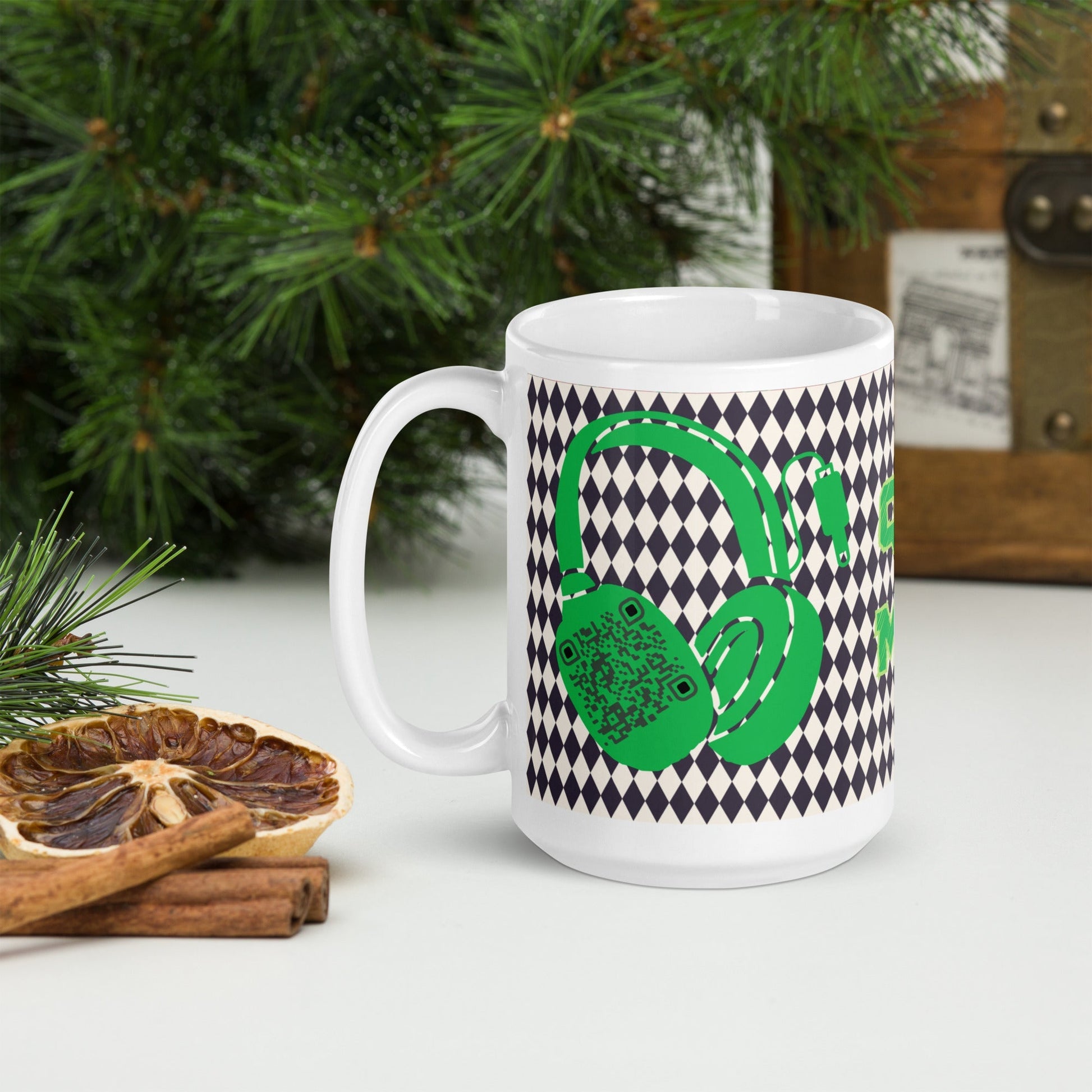 Custom QR Code Mug with Harlequin Print β Share Your Music