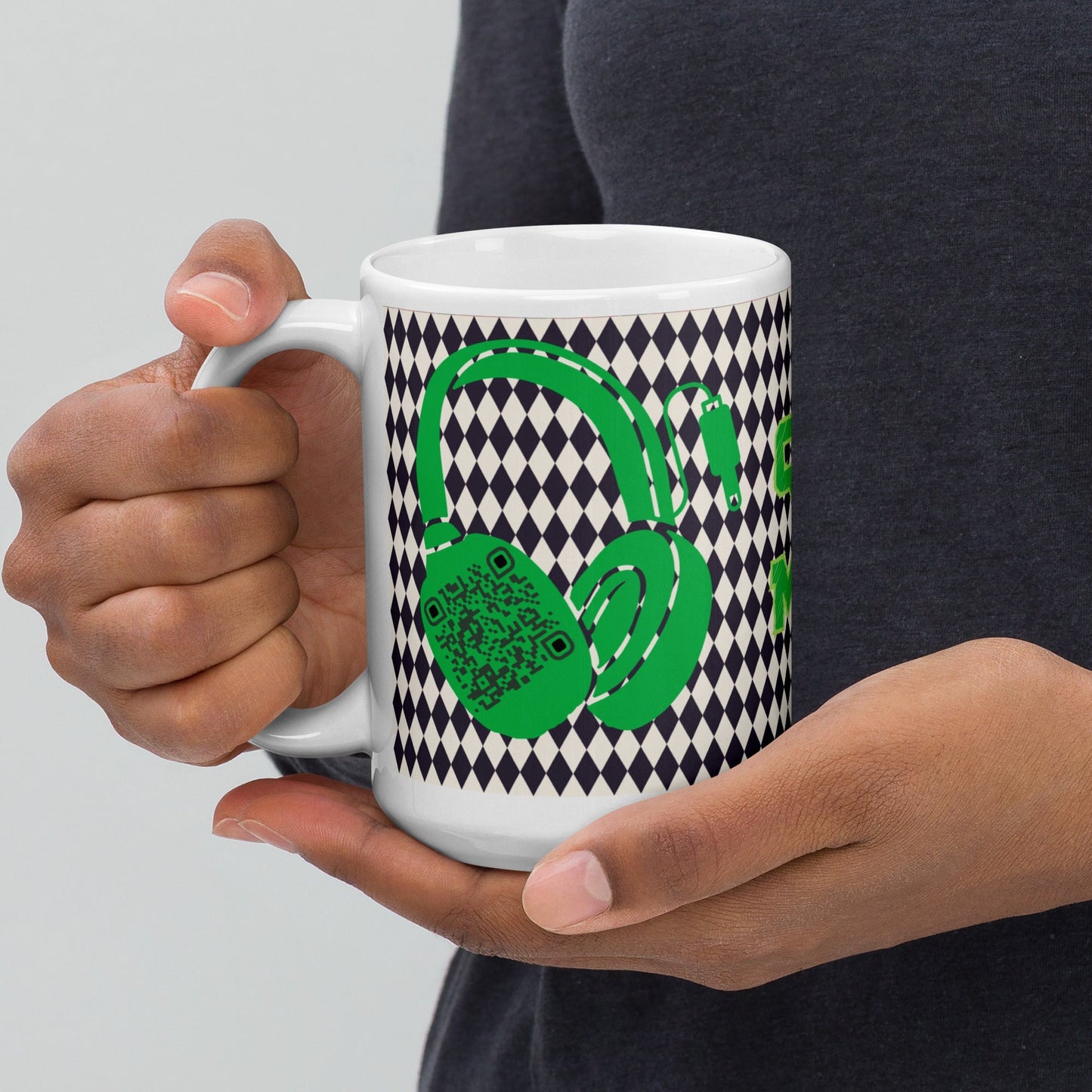 Custom QR Code Mug with Harlequin Print β Share Your Music