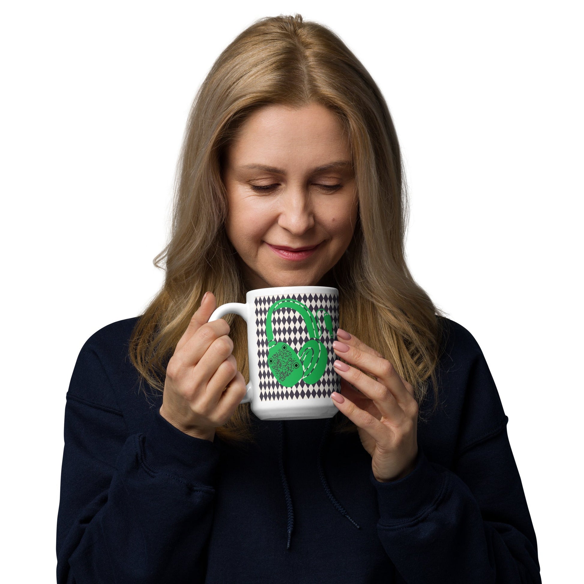 Custom QR Code Mug with Harlequin Print β Share Your Music