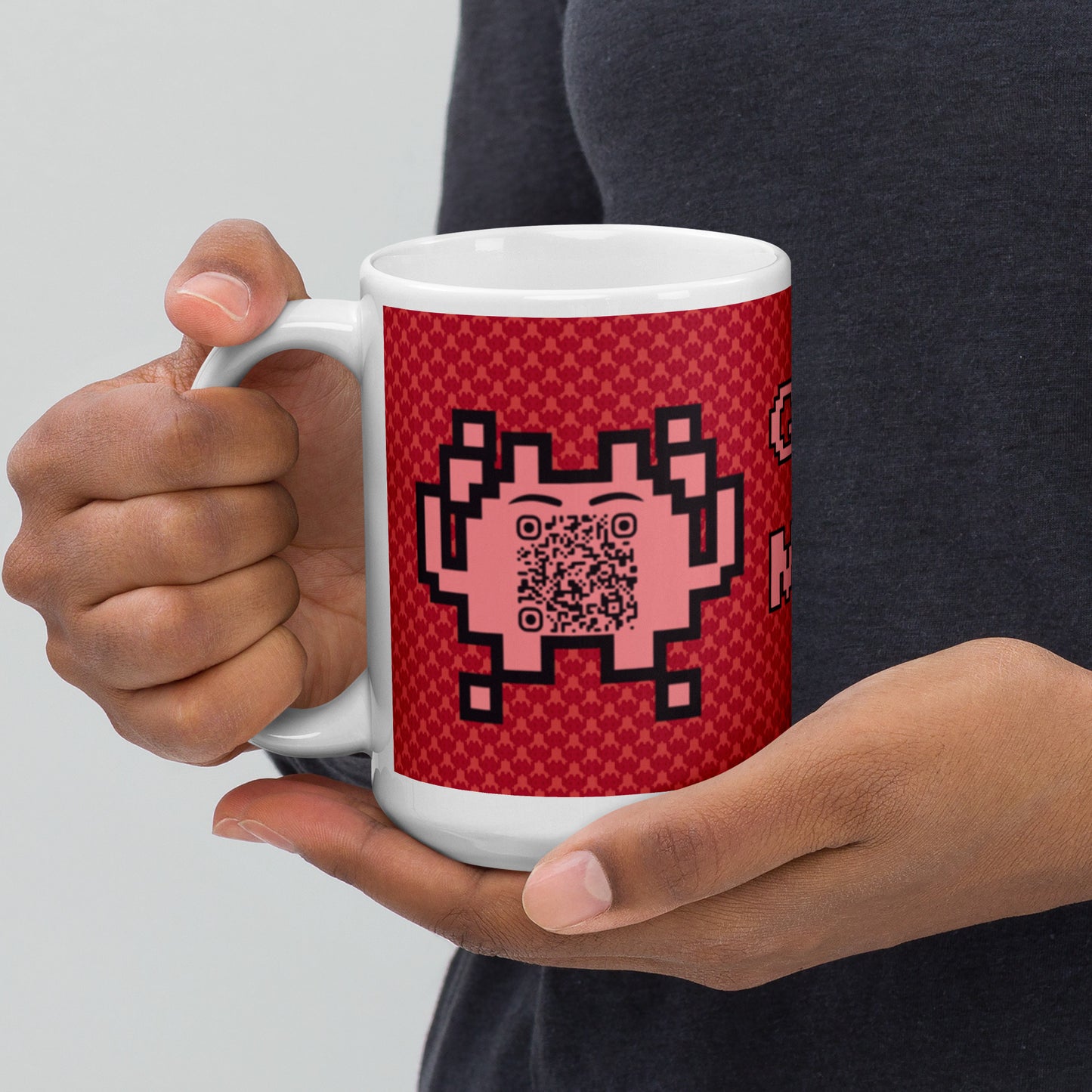 Red Alien Emoji QR Code Mug โ Share Your Gaming World