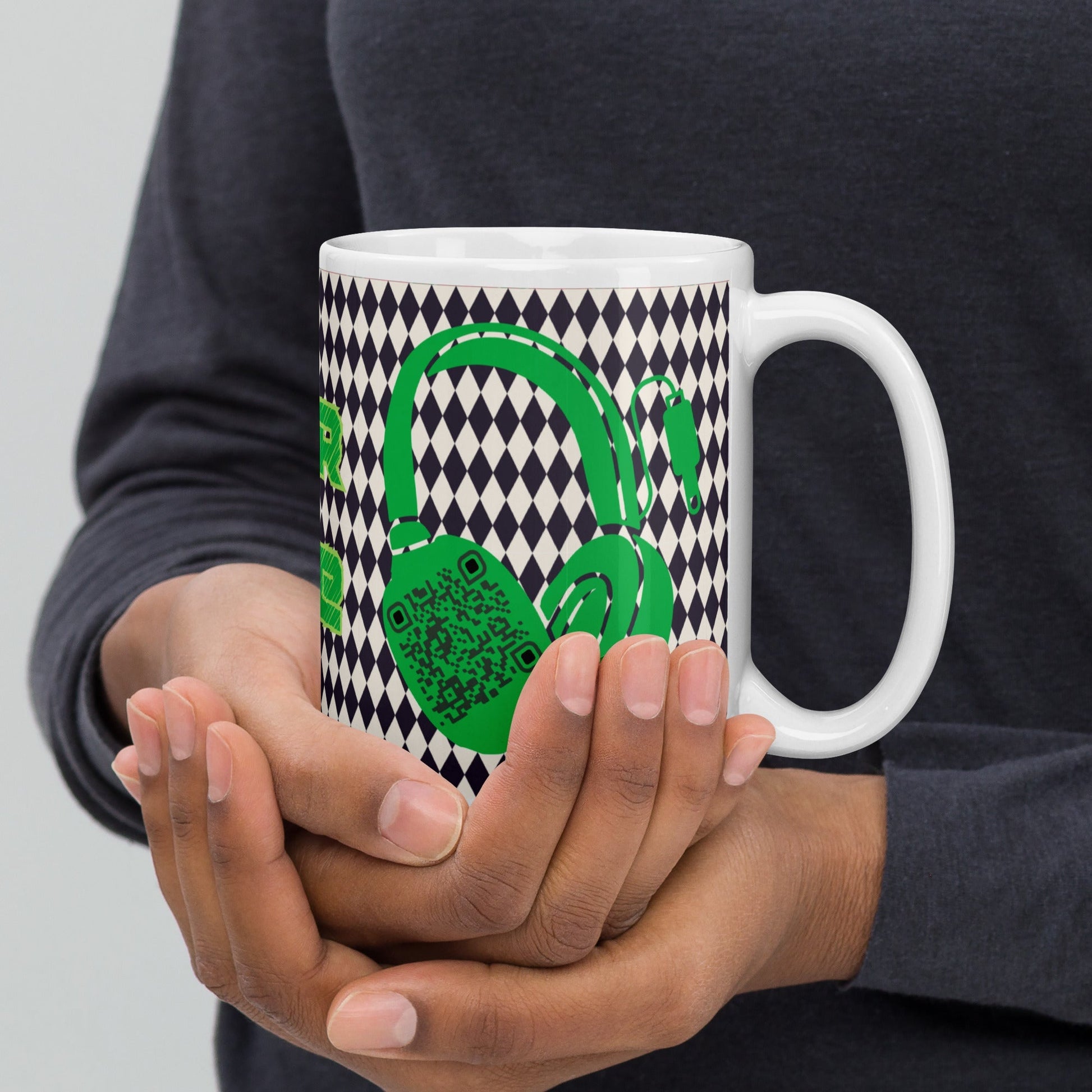 Custom QR Code Mug with Harlequin Print β Share Your Music