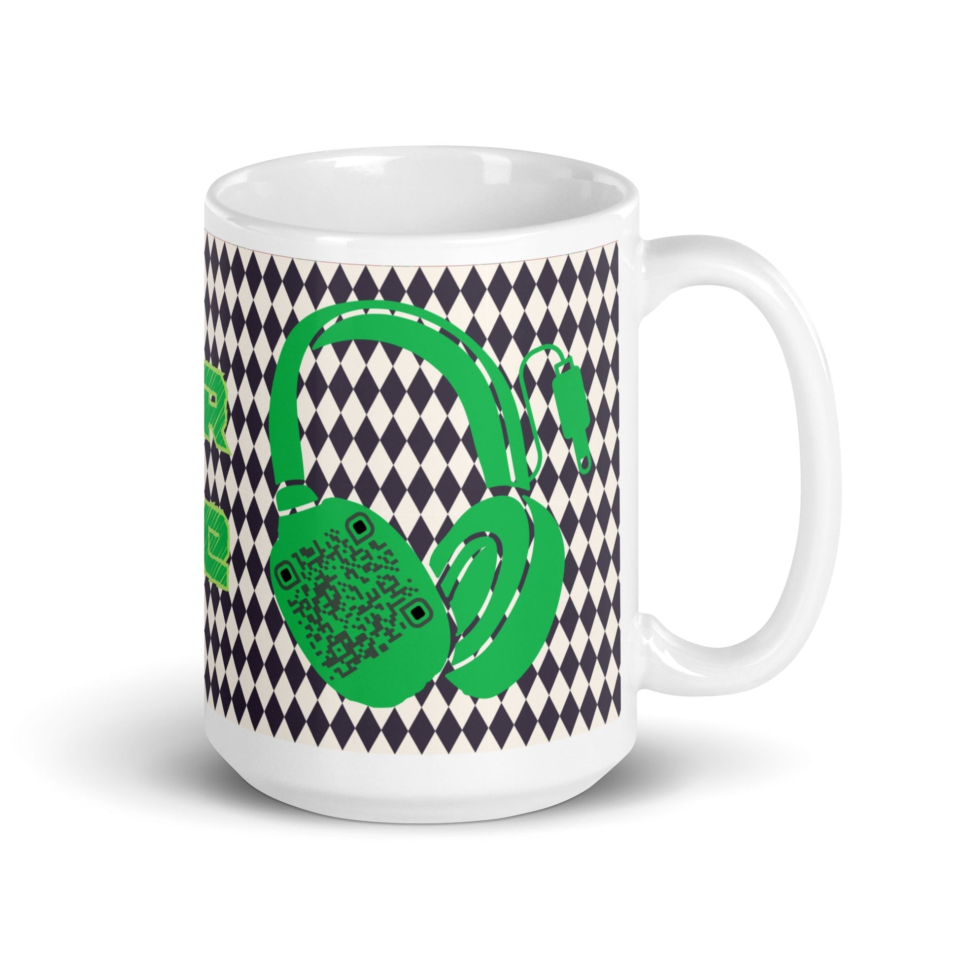 Custom QR Code Mug with Harlequin Print β Share Your Music