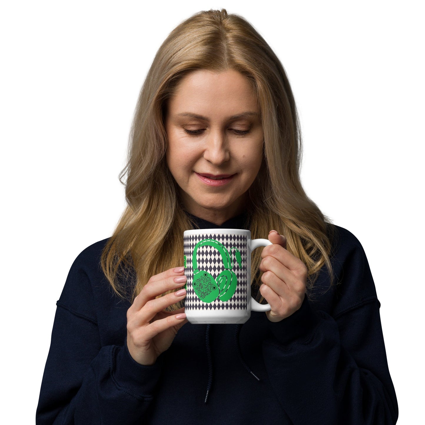 Custom QR Code Mug with Harlequin Print β Share Your Music