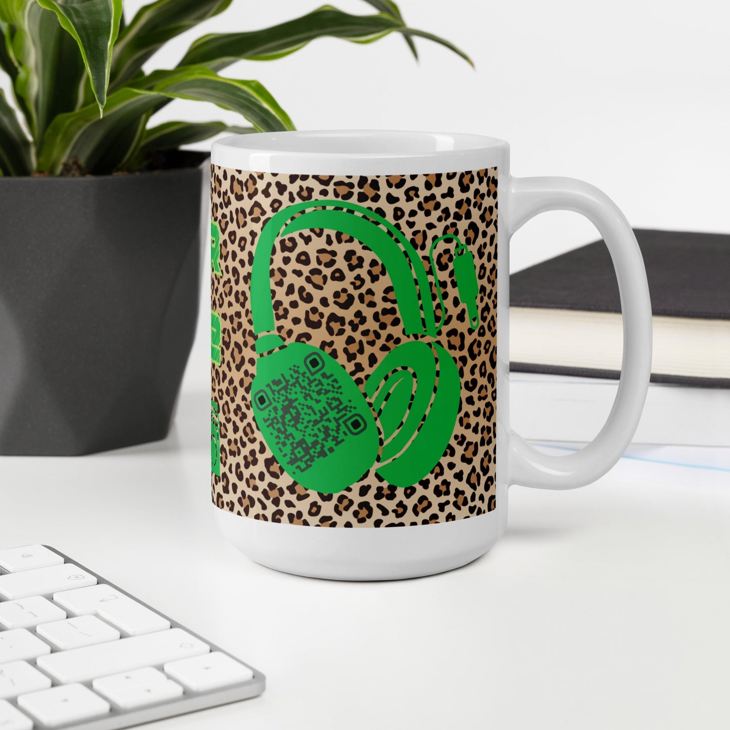 Custom QR Code Mug with Quirky Leopard Print β Share Your Playlist
